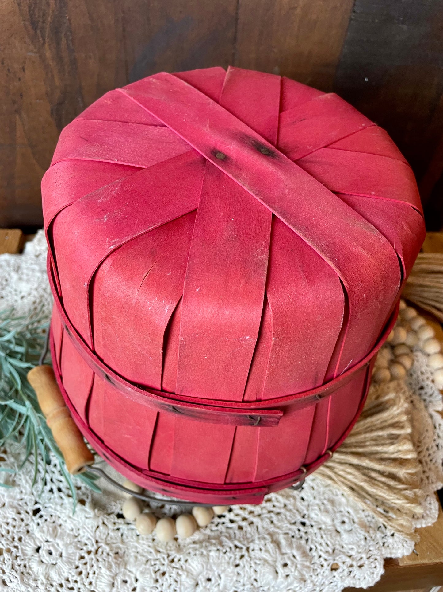 Vintage Small Wooden Bushel Basket with Handle
