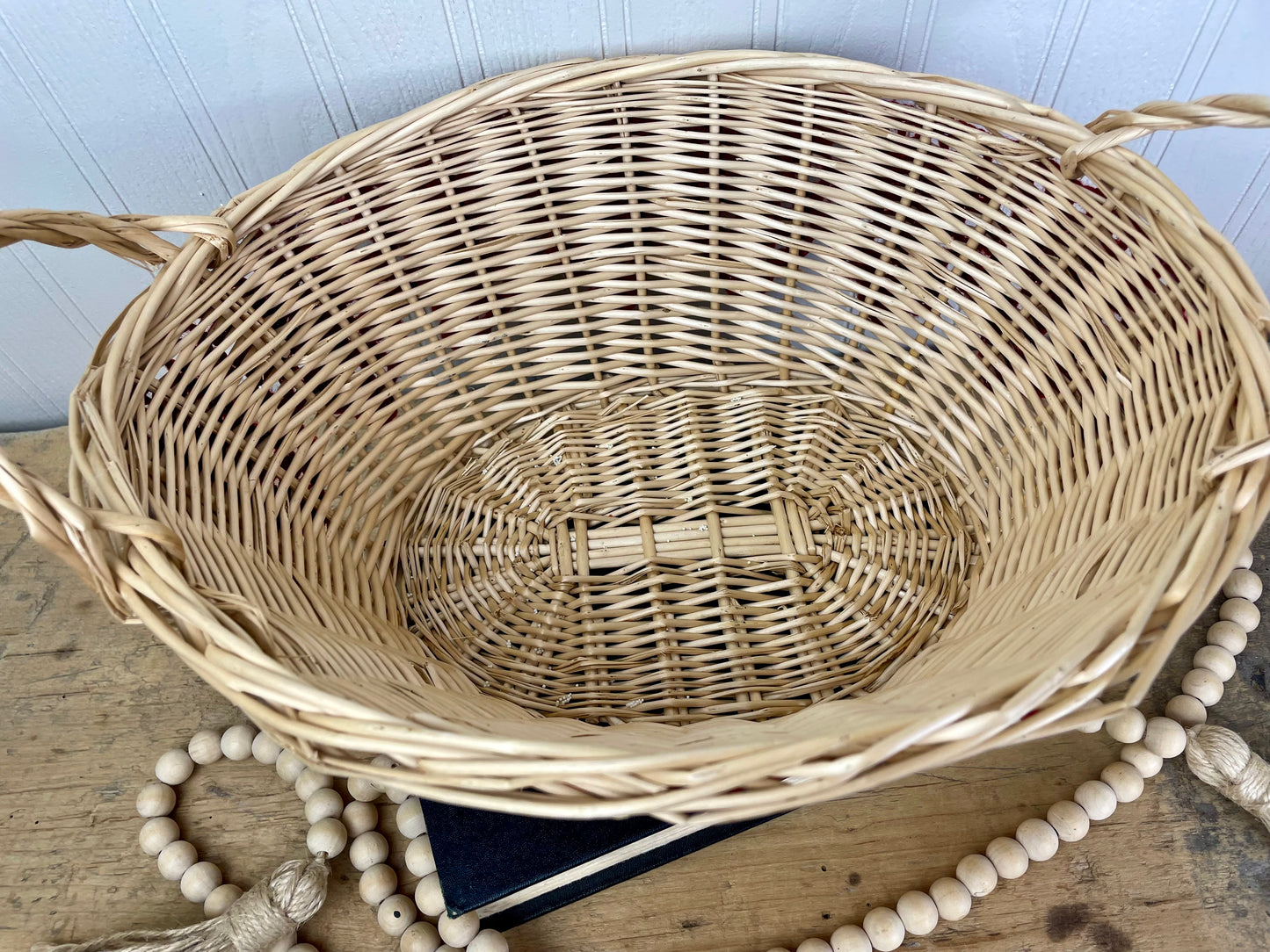 Upcycled Vintage Wicker Basket with Red Crochet Trim