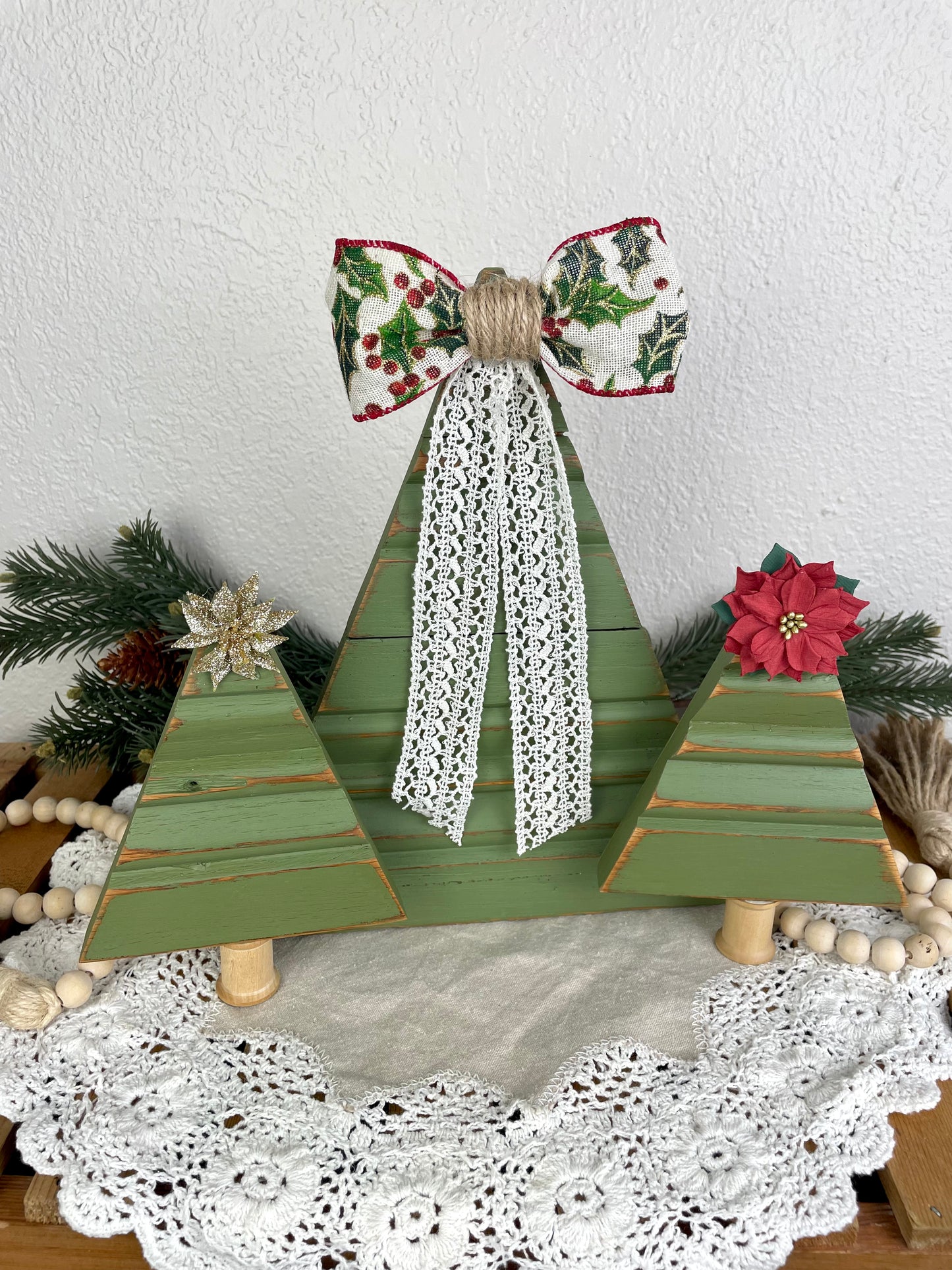 Upcycled Vintage Trim Olive Green Large Christmas Tree with Handmade Bow & Vintage Lace