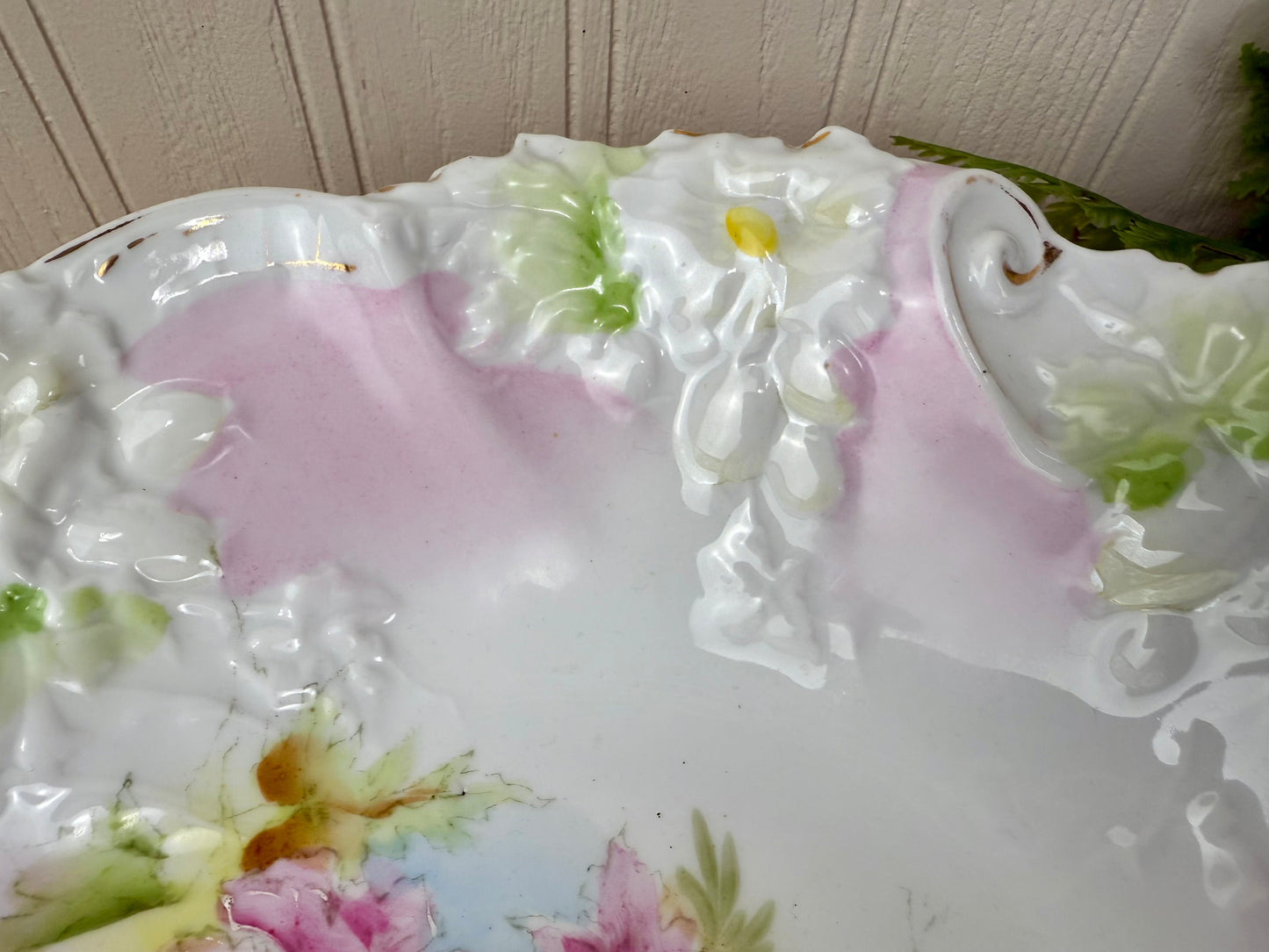 Antique Porcelain Serving Bowl with Hand Painted Florals