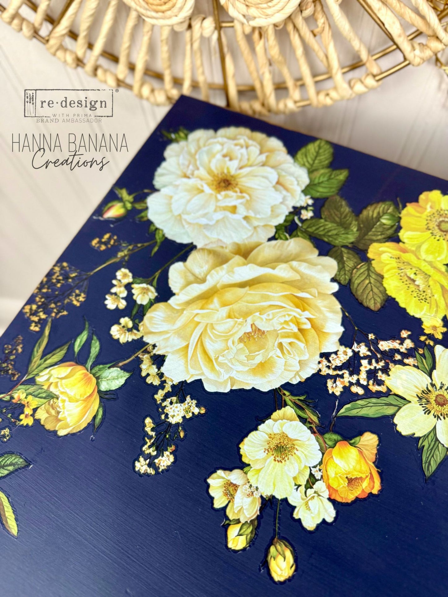 Hand Painted Blue Side Table with Yellow Florals- Shipping Included