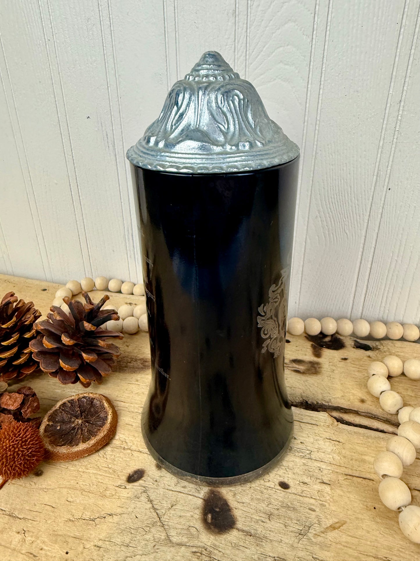 Vintage Black Glass Beer Stein with Pewter Lid