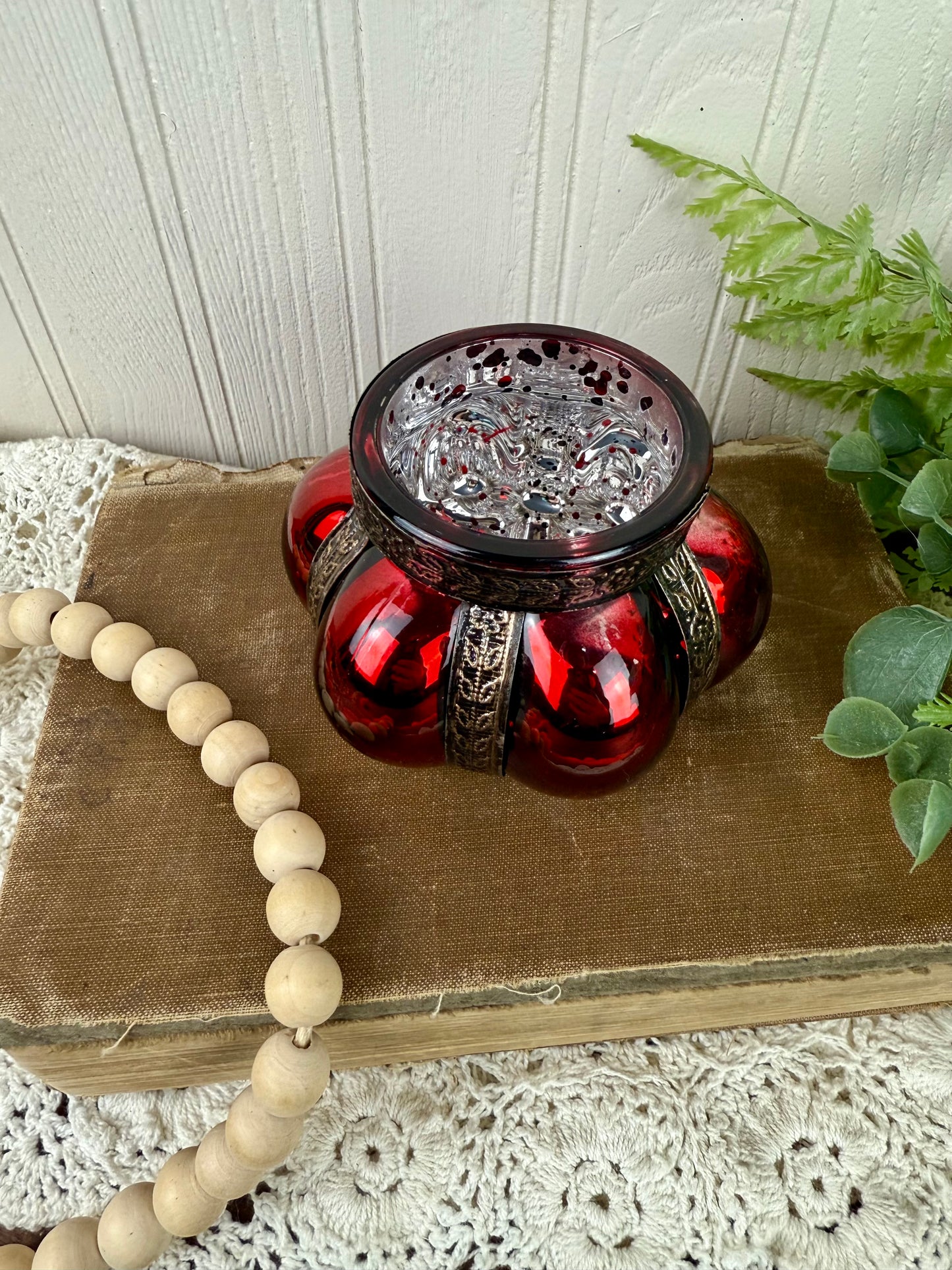 Vintage Red Mercury Glass Tea Light Holder with Metal Accents