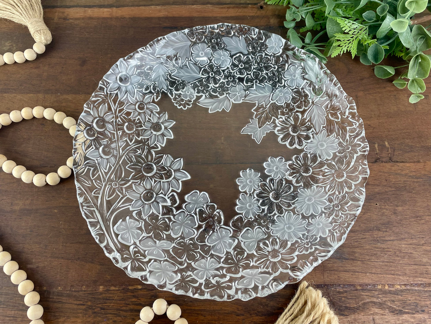 Vintage Shallow Glass Bowl with Embossed Floral Design