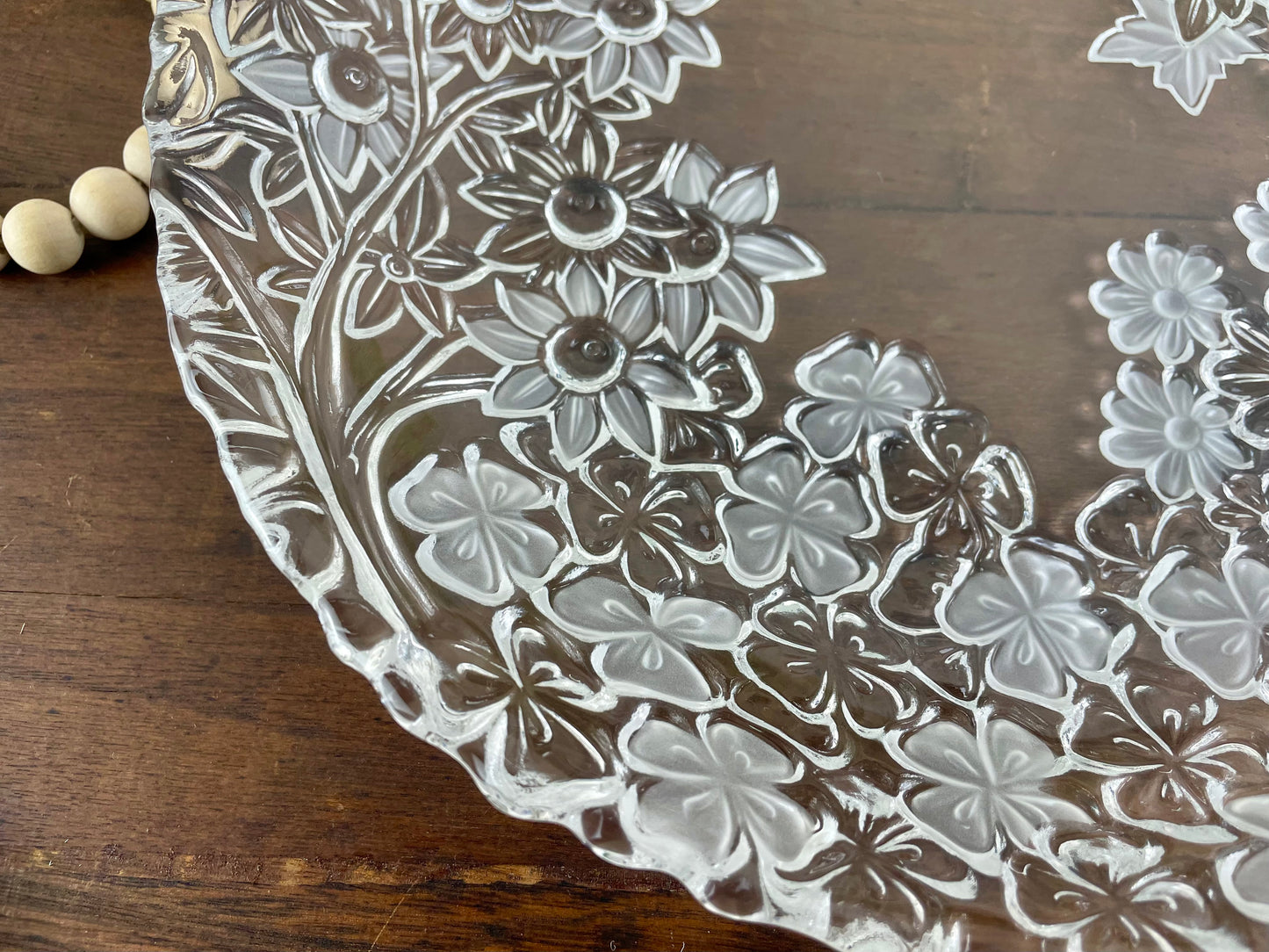 Vintage Shallow Glass Bowl with Embossed Floral Design