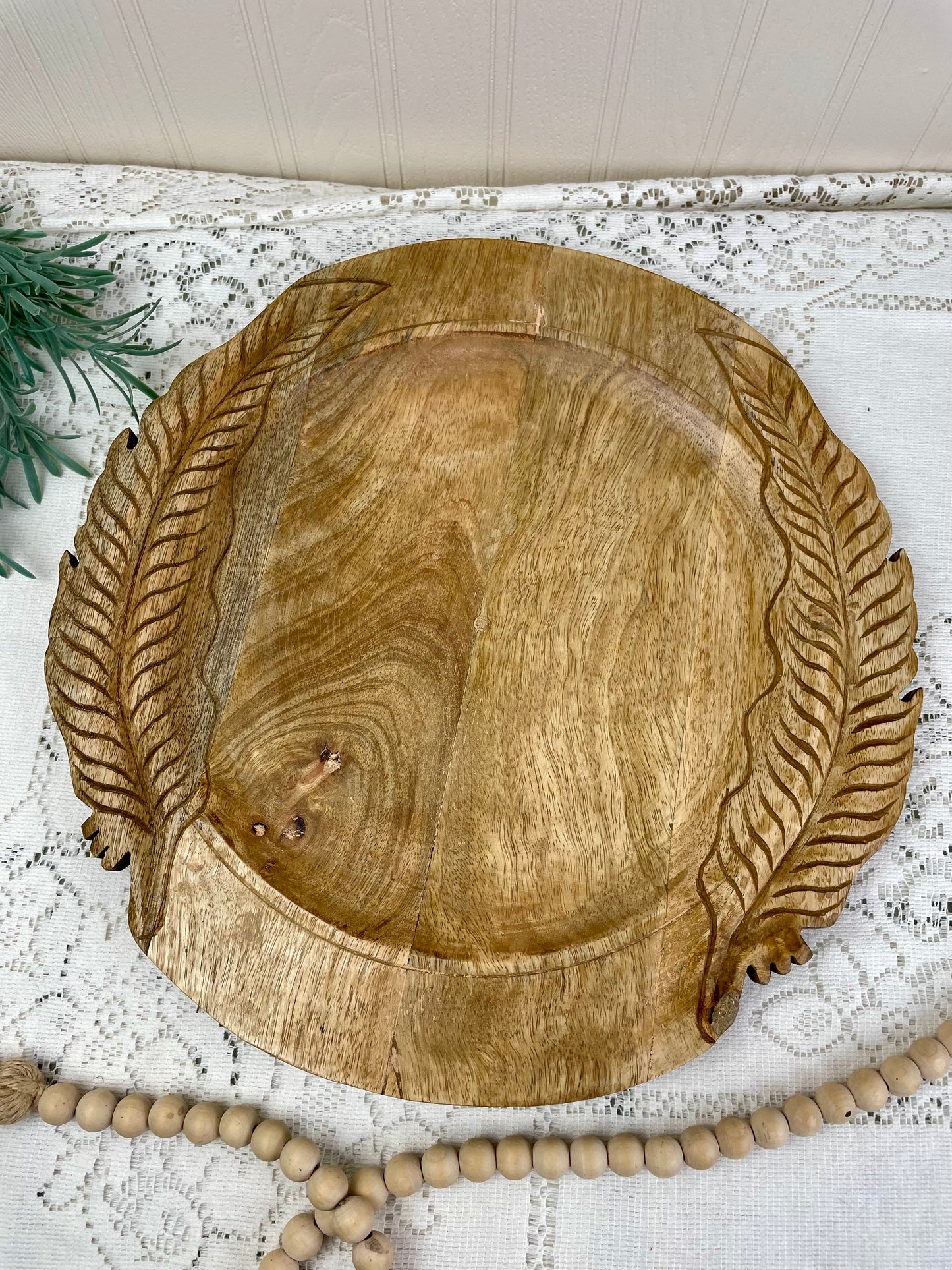 Wooden Platter with Carved Feather Details
