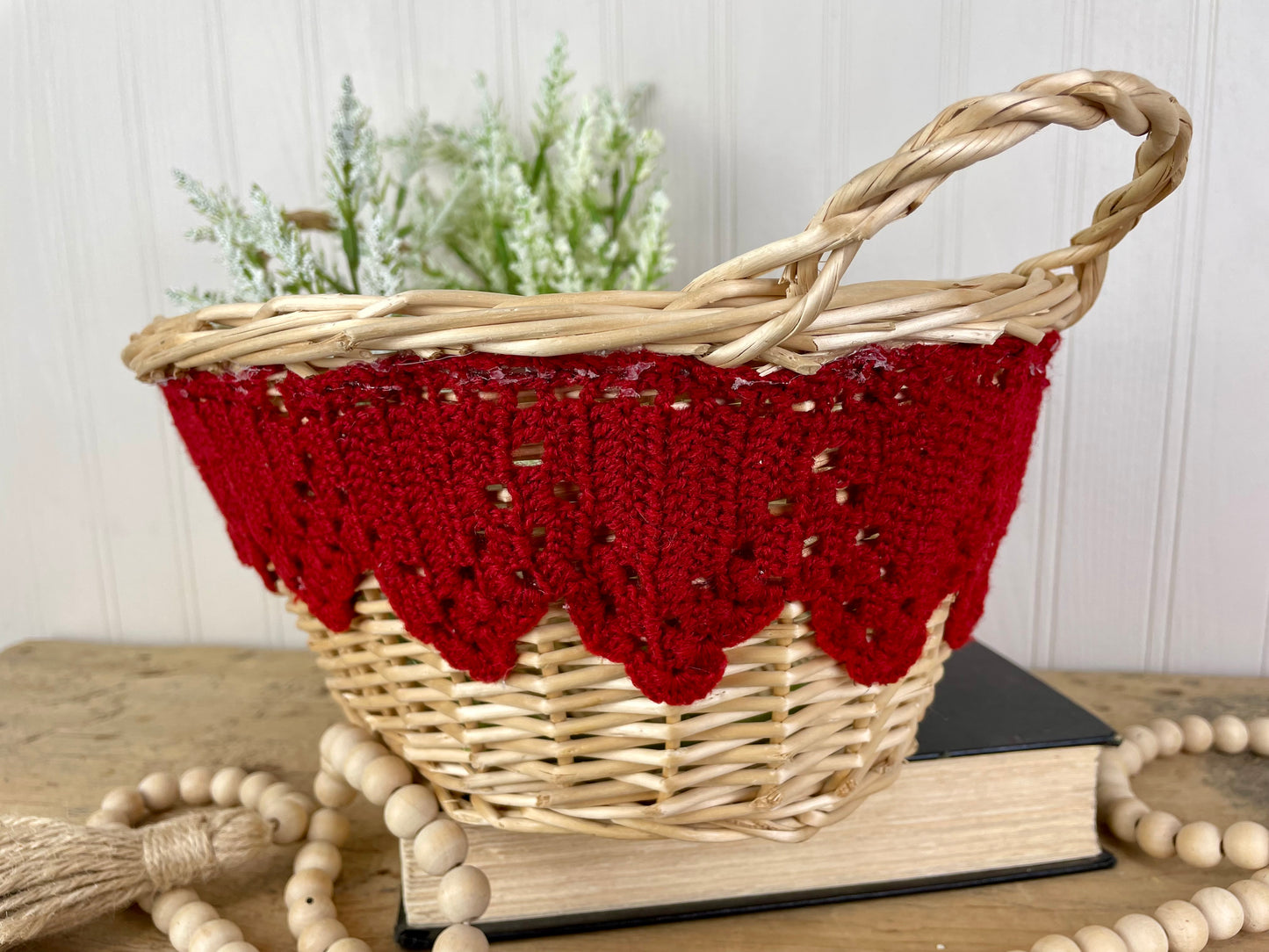 Upcycled Vintage Wicker Basket with Red Crochet Trim