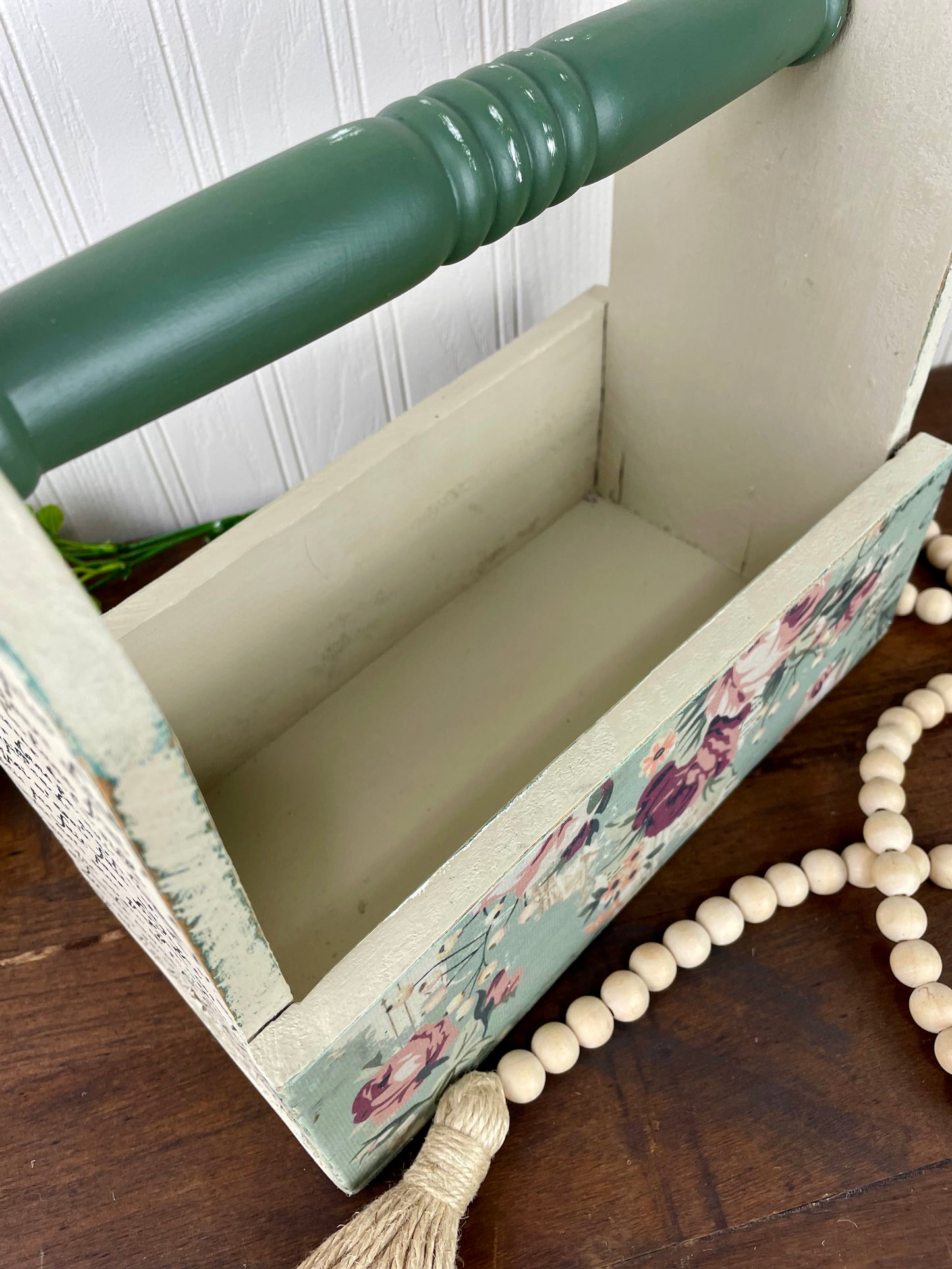 Handmade Upcycled Wooden Beige Tote with Green Handle