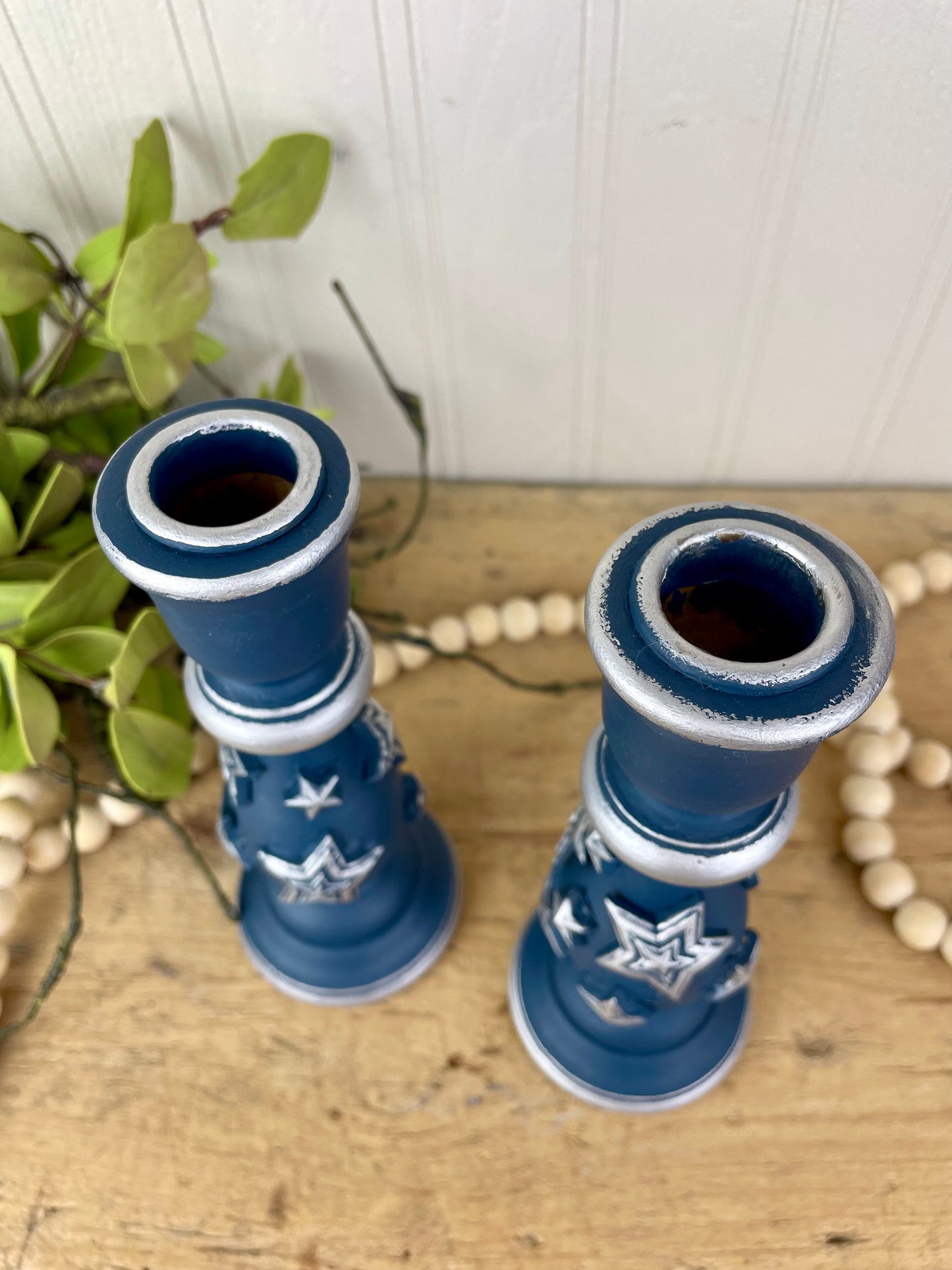 Upcycled Navy Blue Wooden Candlestick Set with Silver Stars