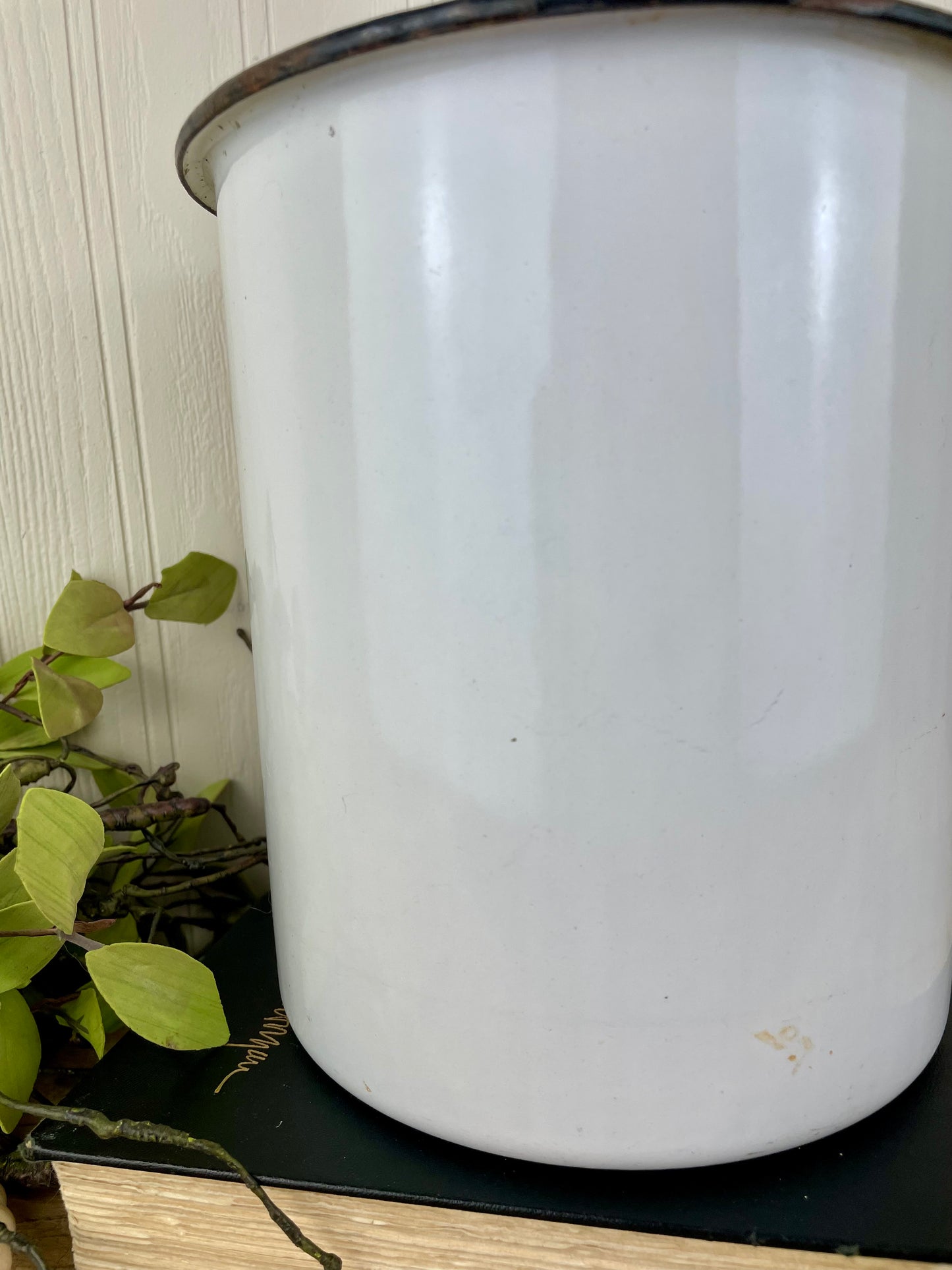 Vintage White Enamel Canister with Black Rim