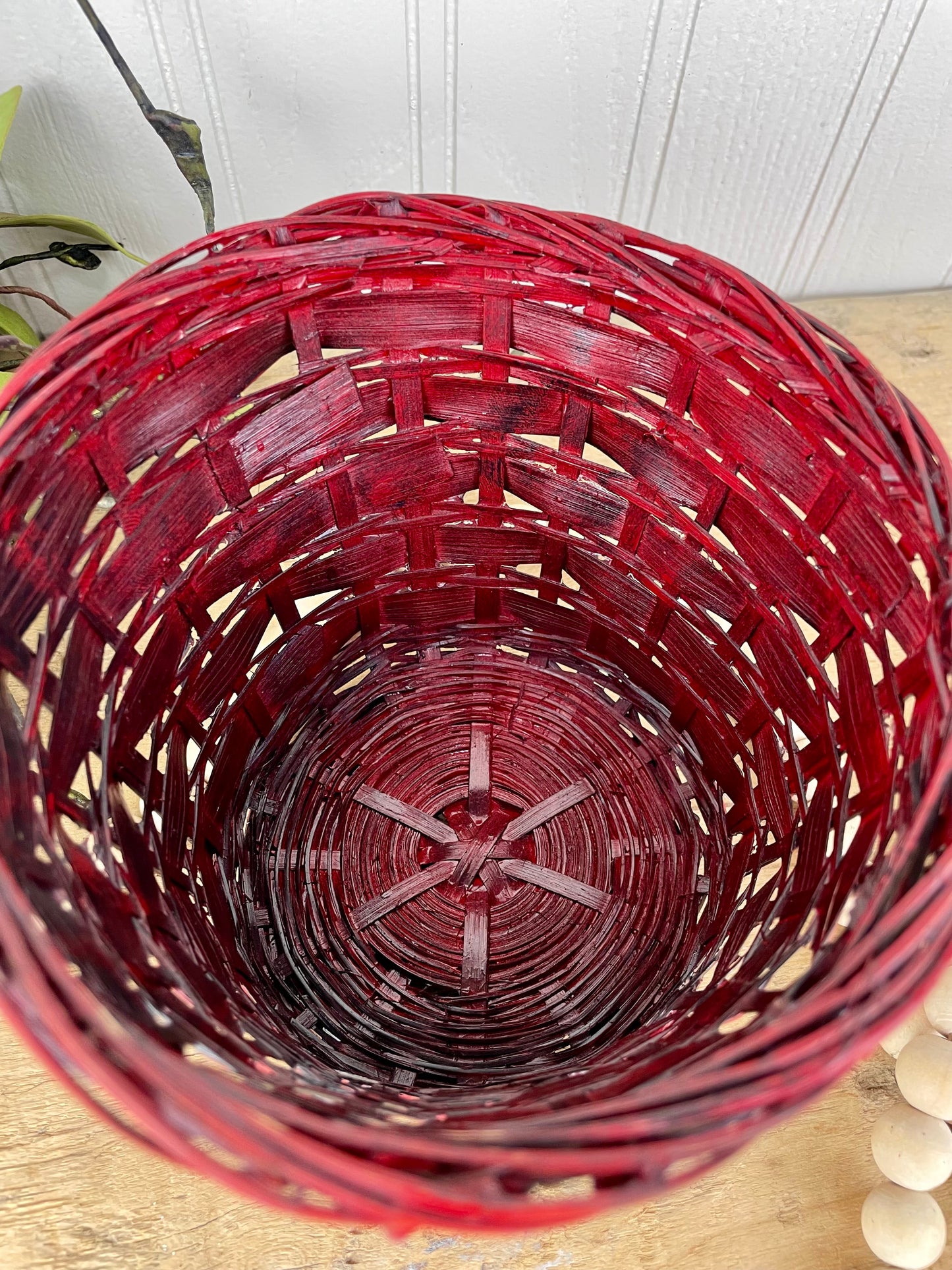 Vintage Red Wicker Basket with Handle