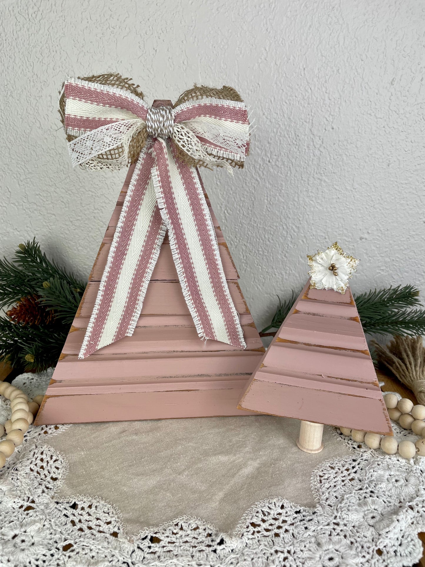 Upcycled Vintage Trim Pink Large Christmas Tree with Handmade Bow