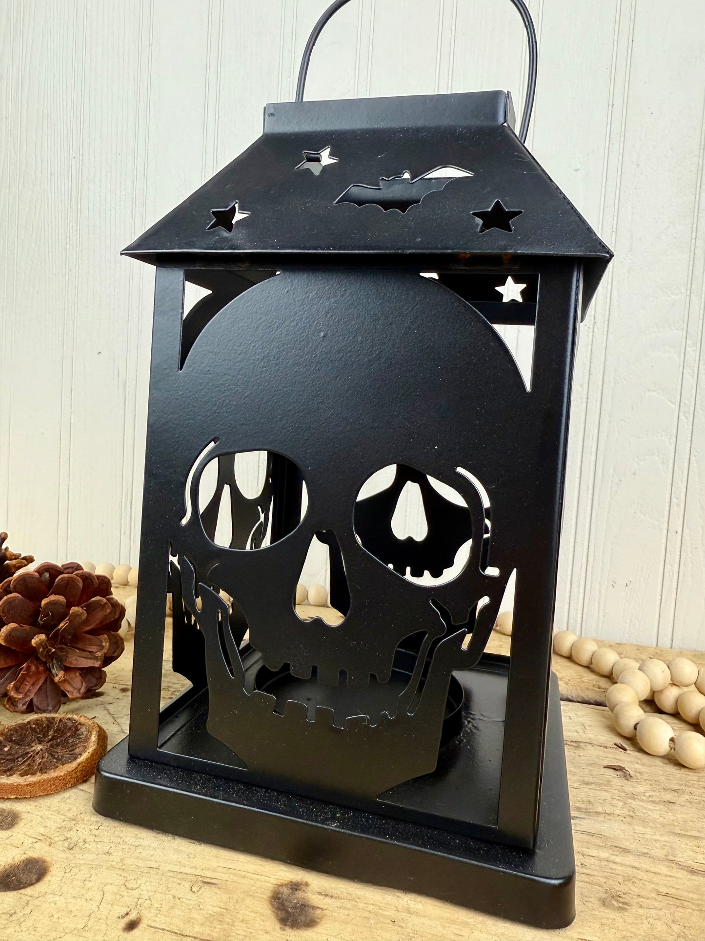 Metal Candle Lantern with Skulls and Bats