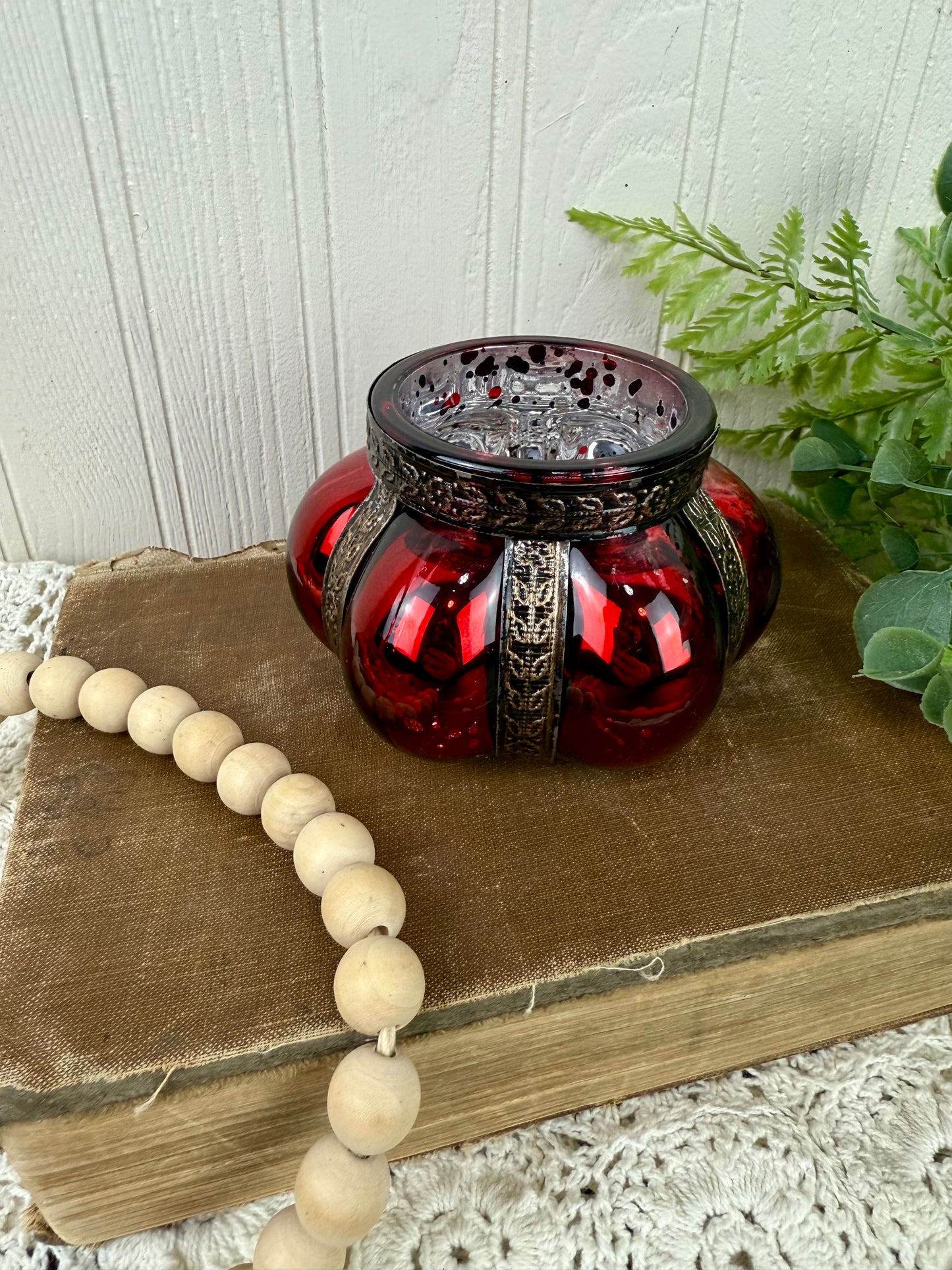 Vintage Red Mercury Glass Tea Light Holder with Metal Accents
