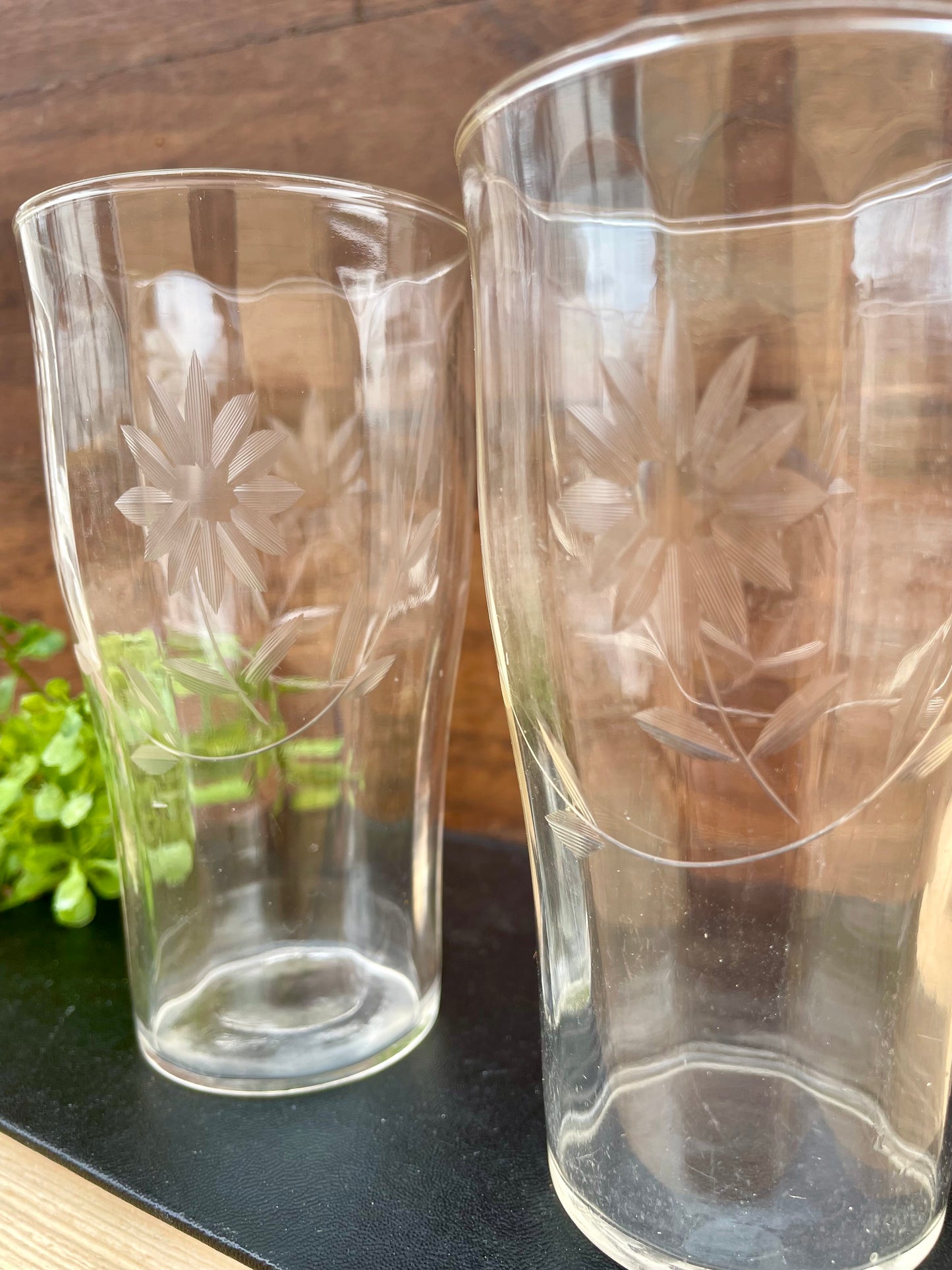 Vintage Drinking Glass Set with Etched Flowers