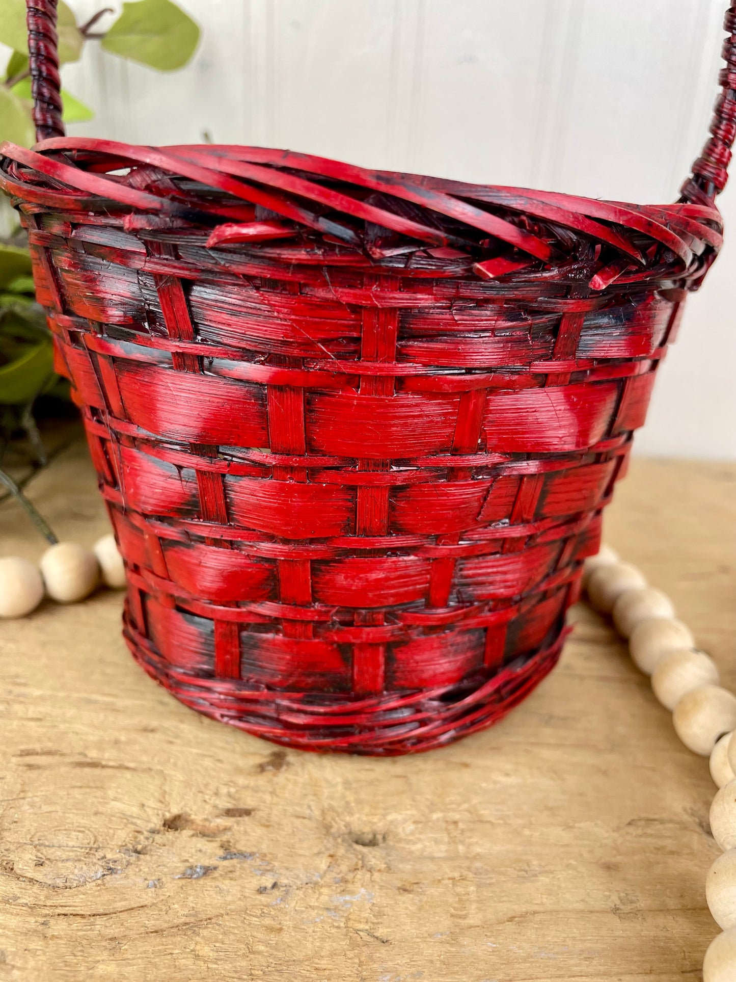 Vintage Red Wicker Basket with Handle