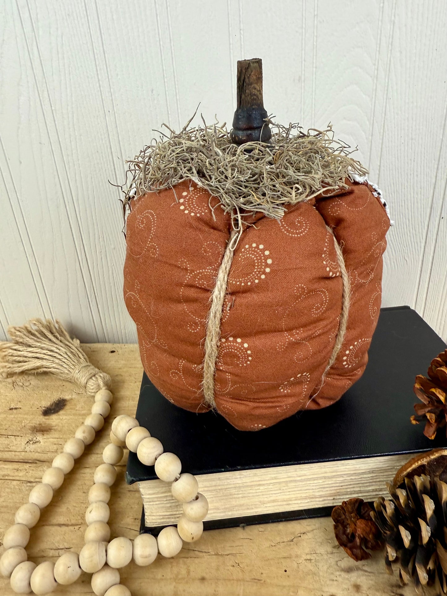 Handmade Plush Pumpkin with Doily Leaves