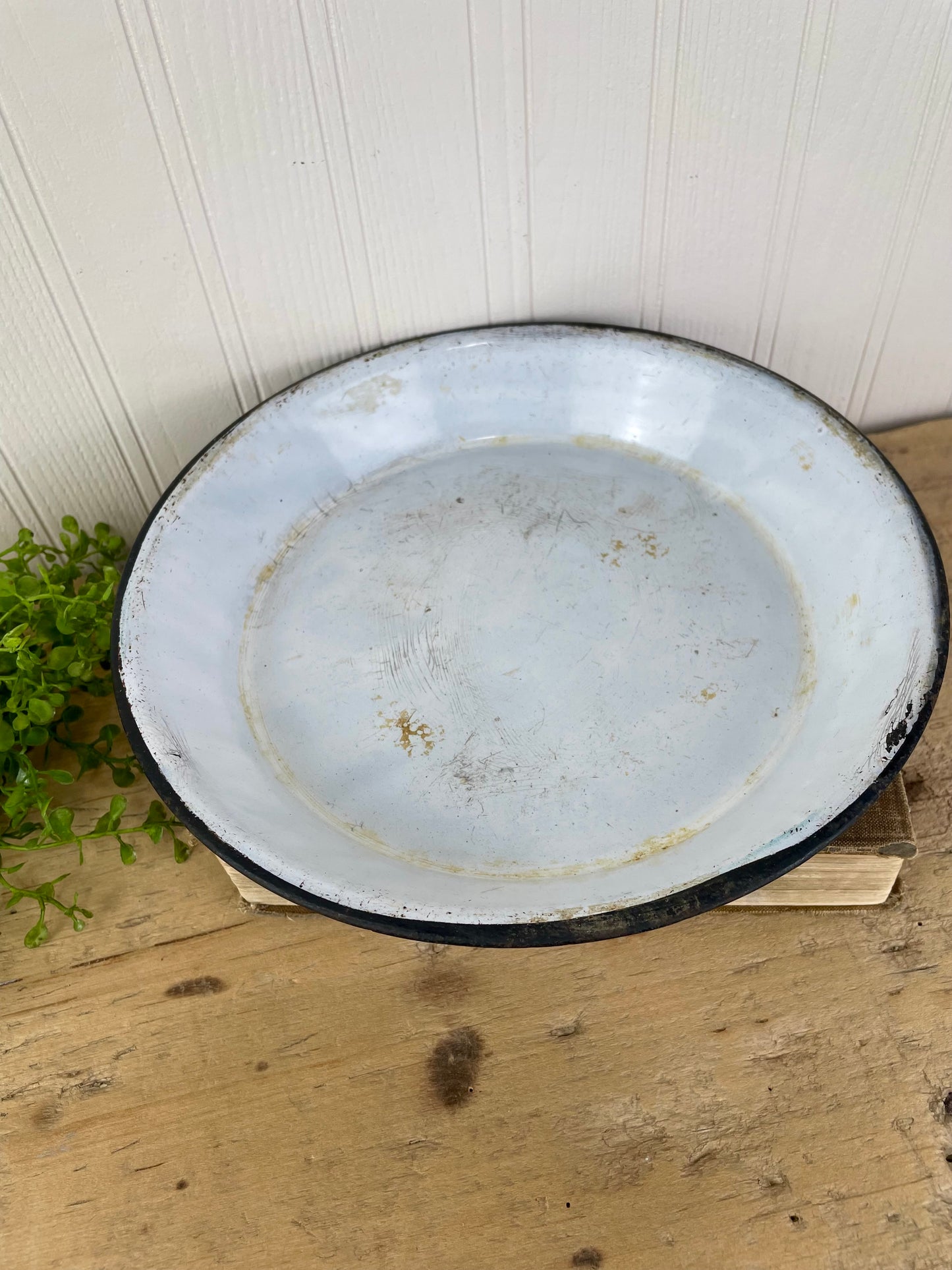 Vintage Teal & White Enamel Bowl with Black Rim