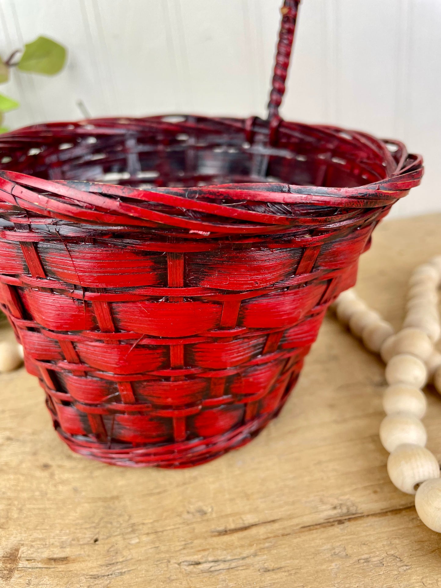 Vintage Red Wicker Basket with Handle
