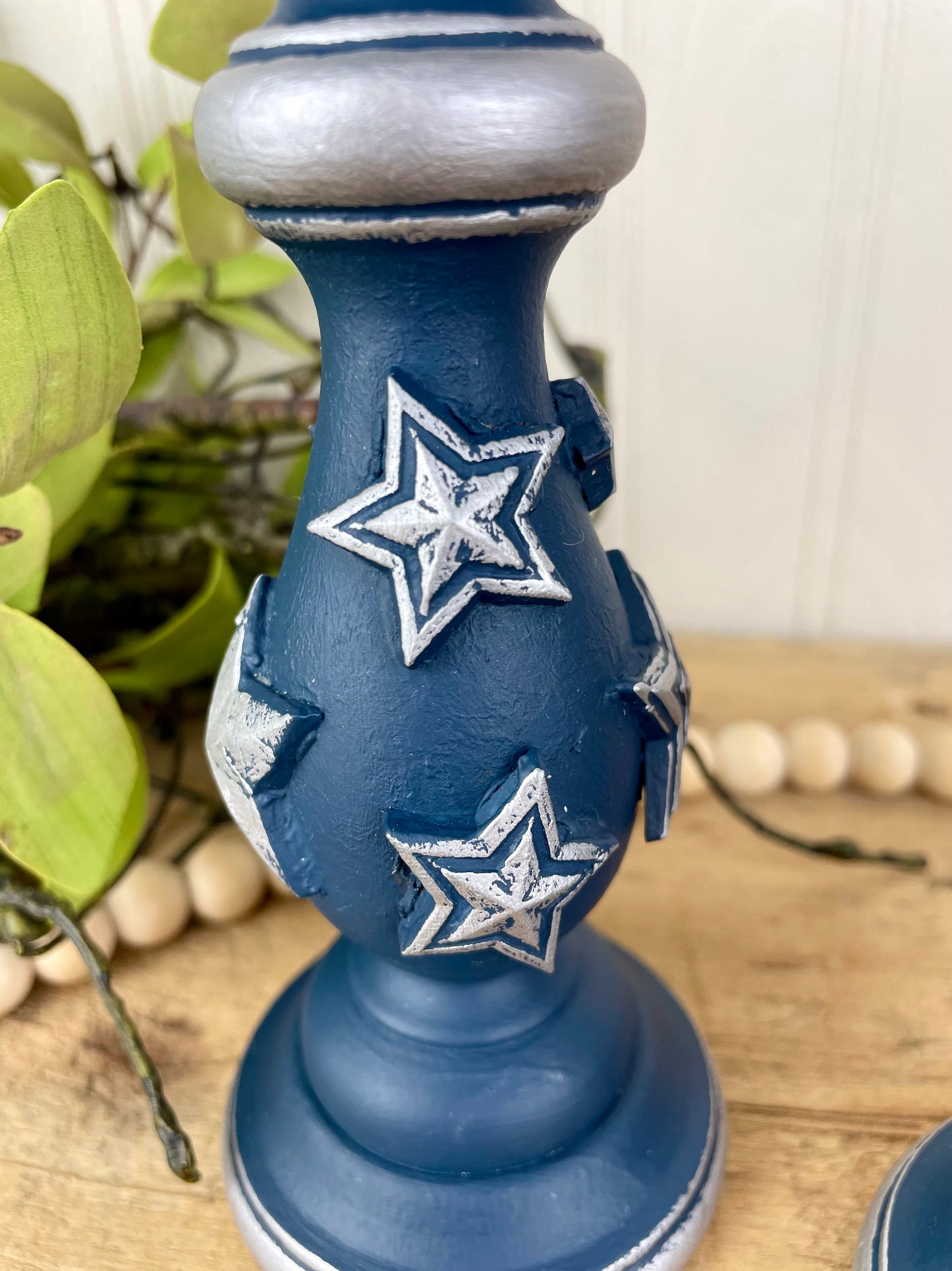 Upcycled Navy Blue Wooden Candlestick Set with Silver Stars