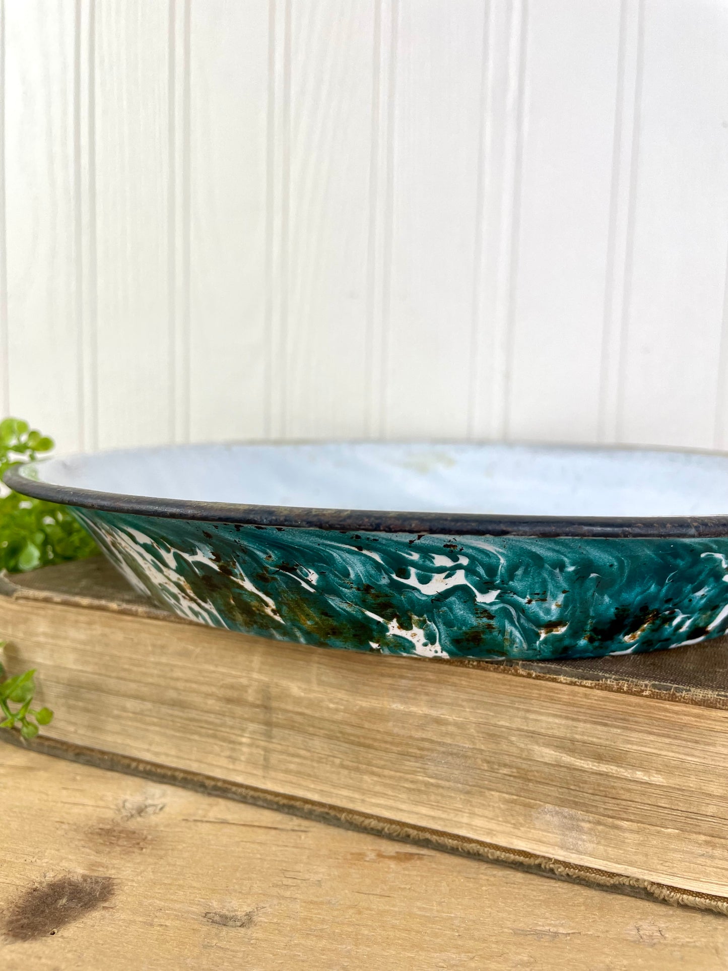 Vintage Teal & White Enamel Bowl with Black Rim