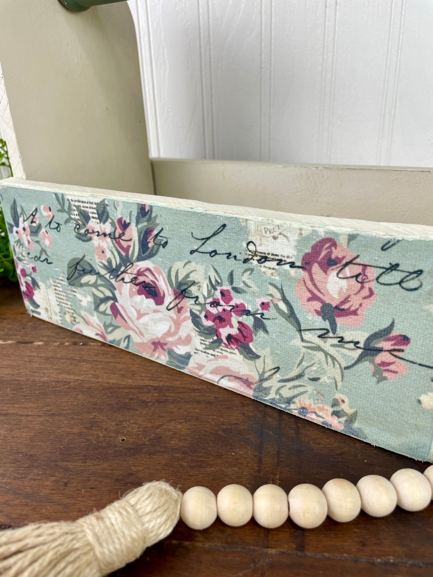 Handmade Upcycled Wooden Beige Tote with Green Handle