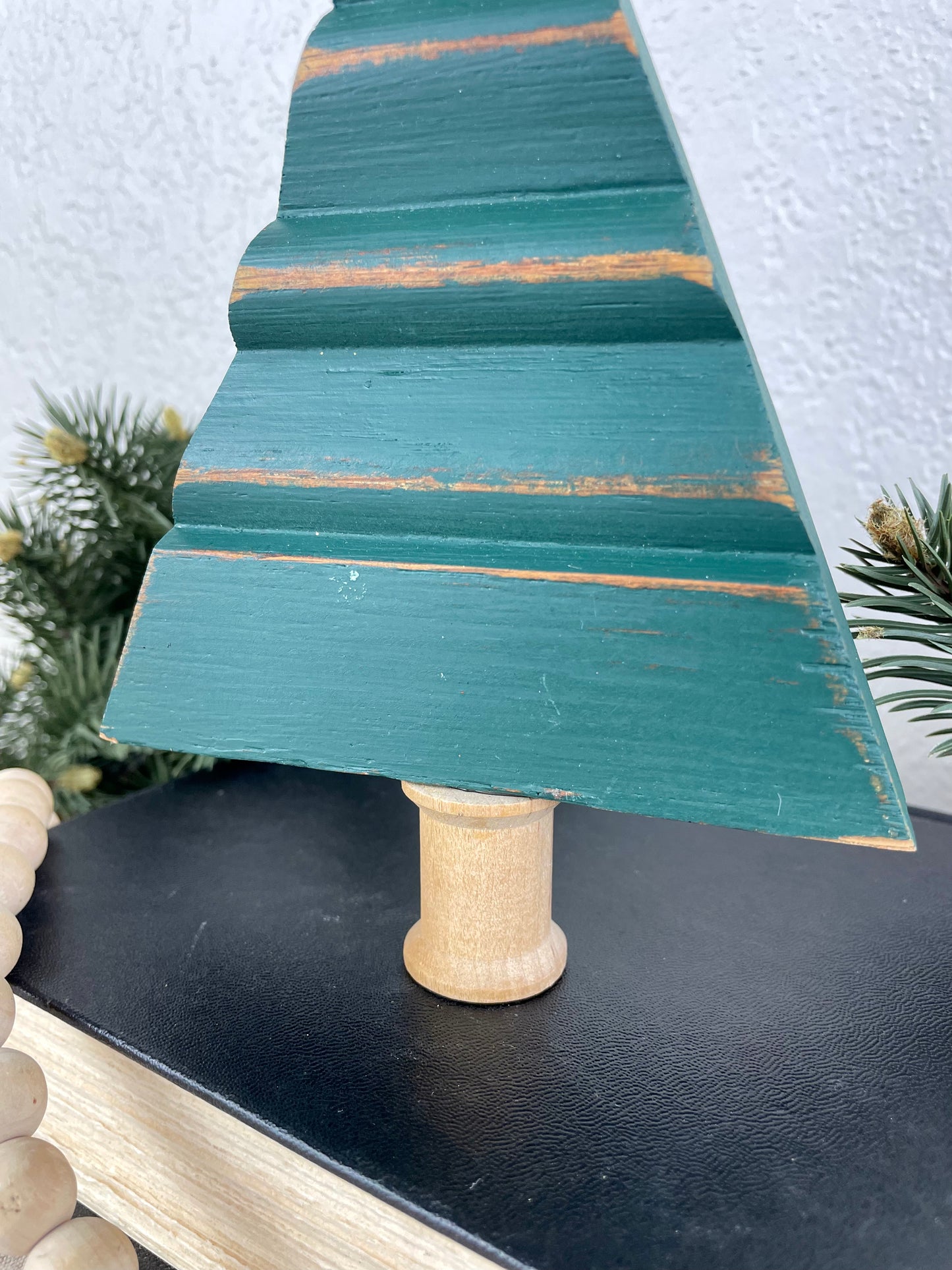 Upcycled Small Vintage Trim Forest Green Christmas Tree with Gold Poinsettia