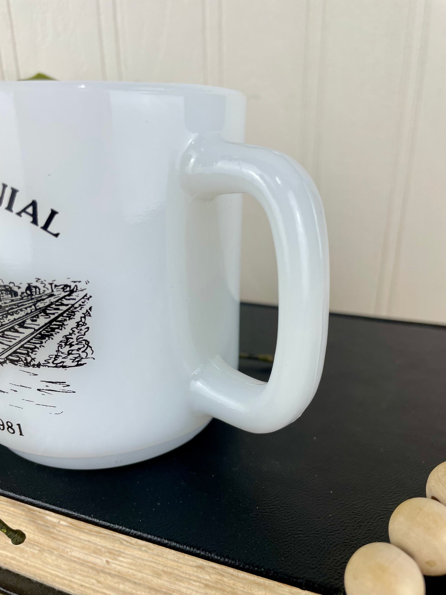 Vintage 1981 Ollie, IA Centennial Glasbake Milk Glass Mug