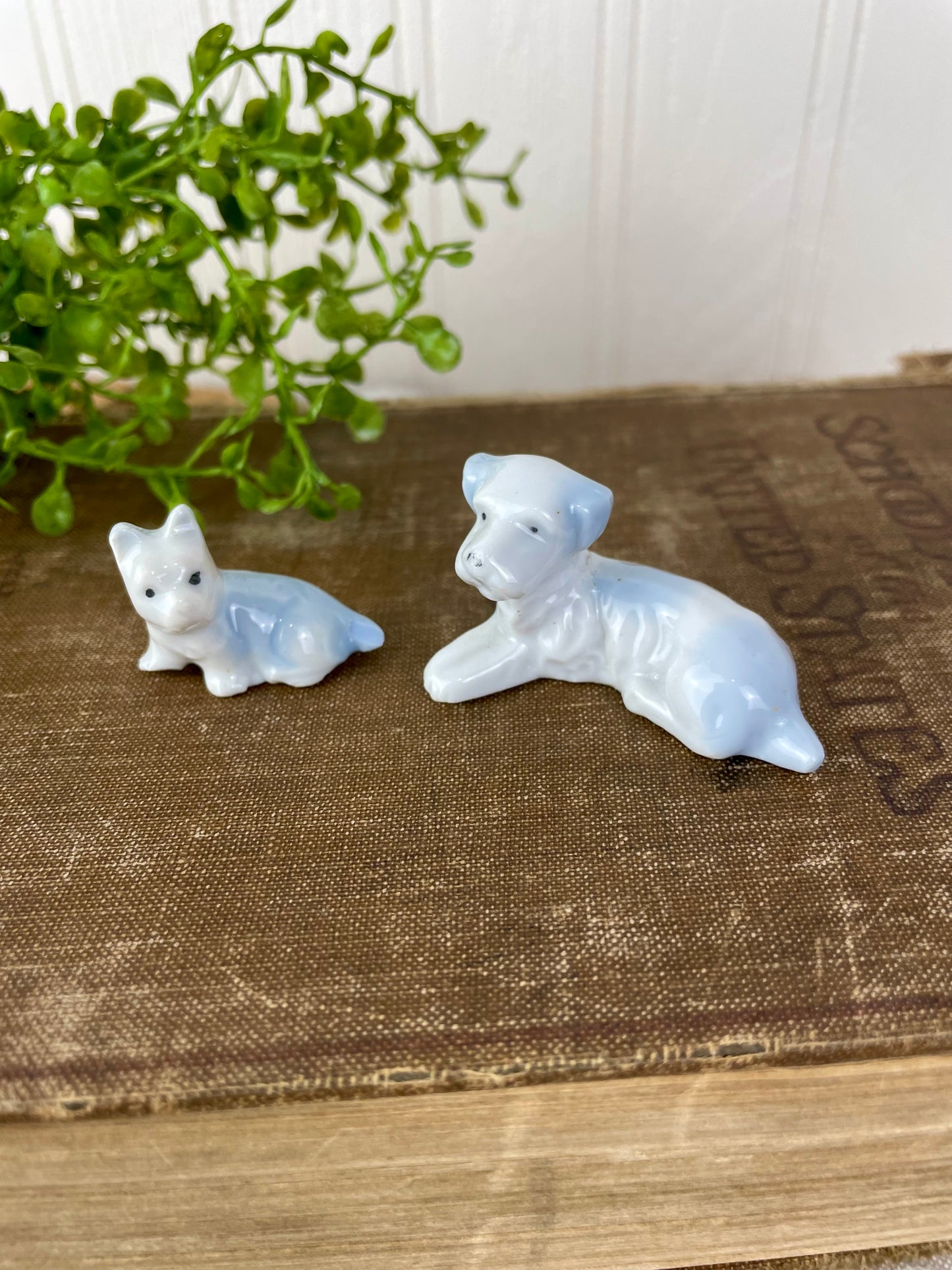 Vintage Set of Blue & White Porcelain Dogs
