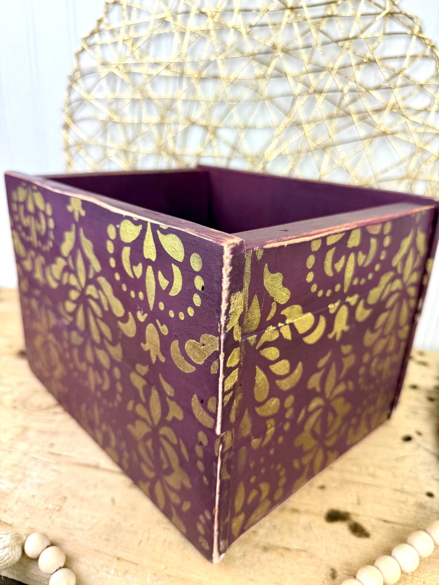 Handmade Reclaimed Wood Purple Box with Gold Details