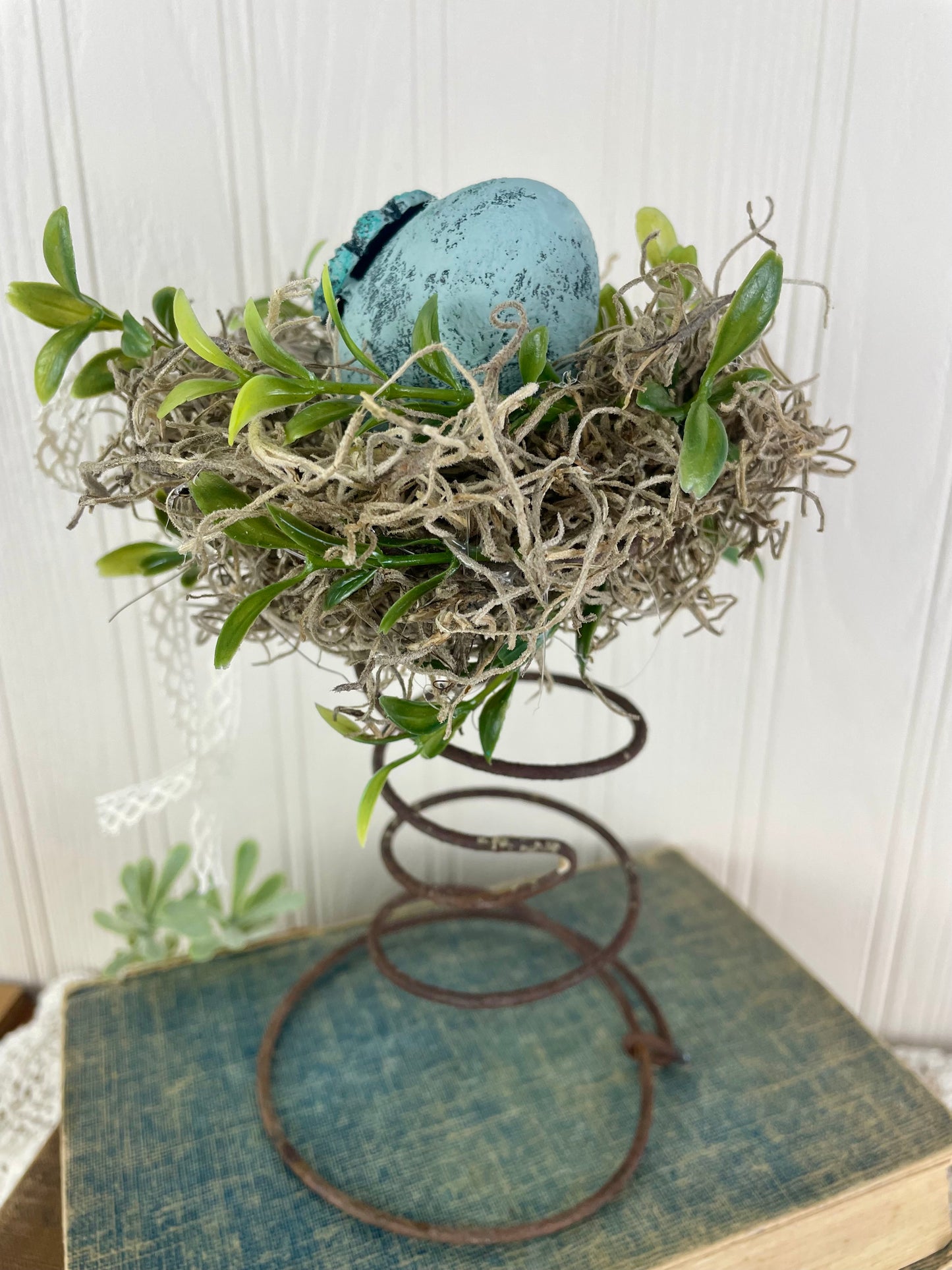 Handmade Rustic Bed Spring Nest with Blue Egg