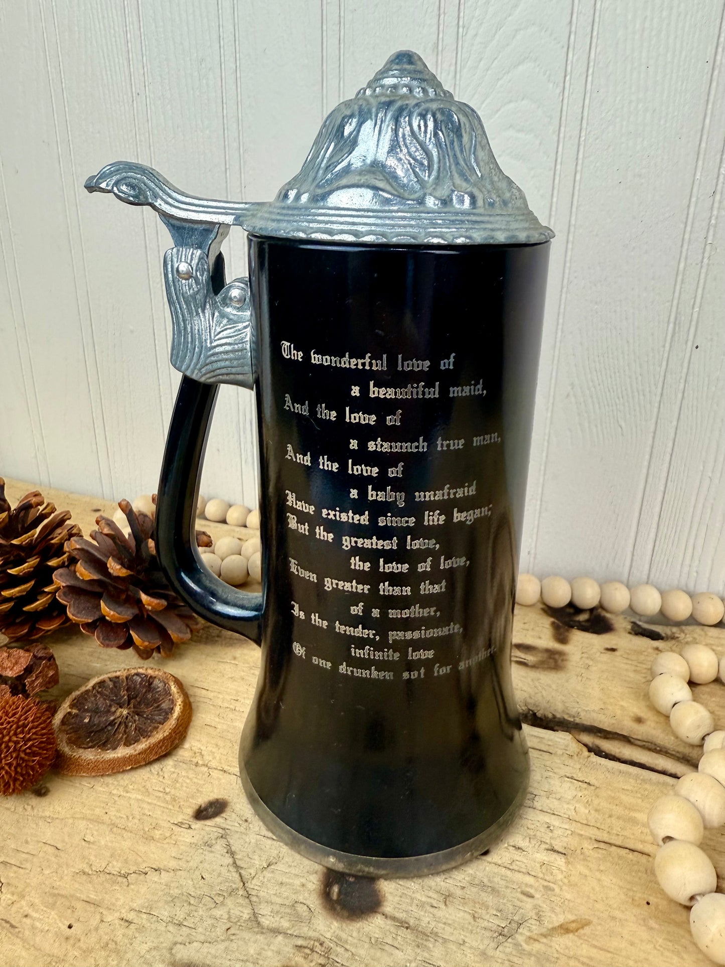 Vintage Black Glass Beer Stein with Pewter Lid