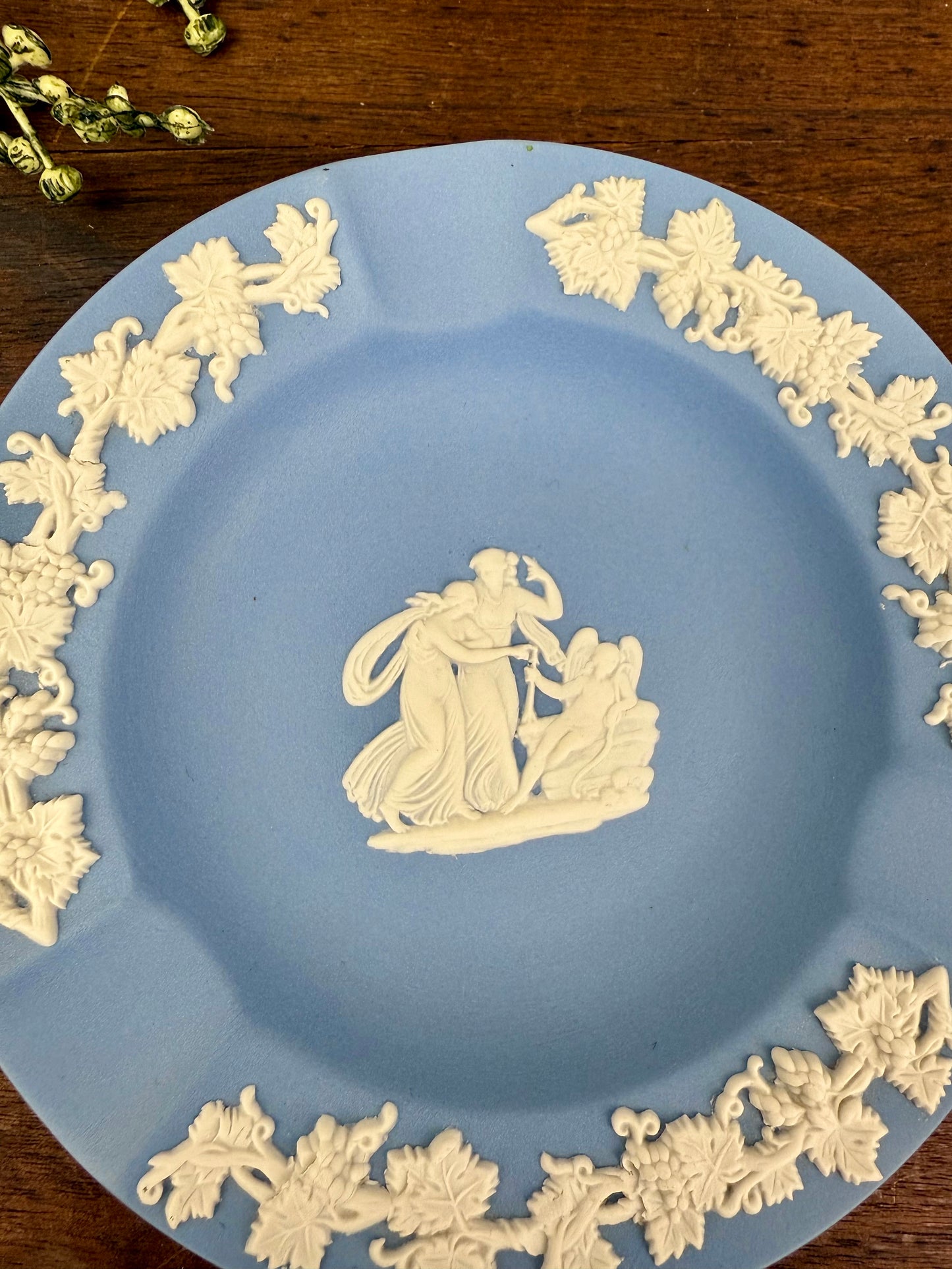 Wedgwood Blue Jasperware Ashtray with Sleeping Cupid & Grapevine Design