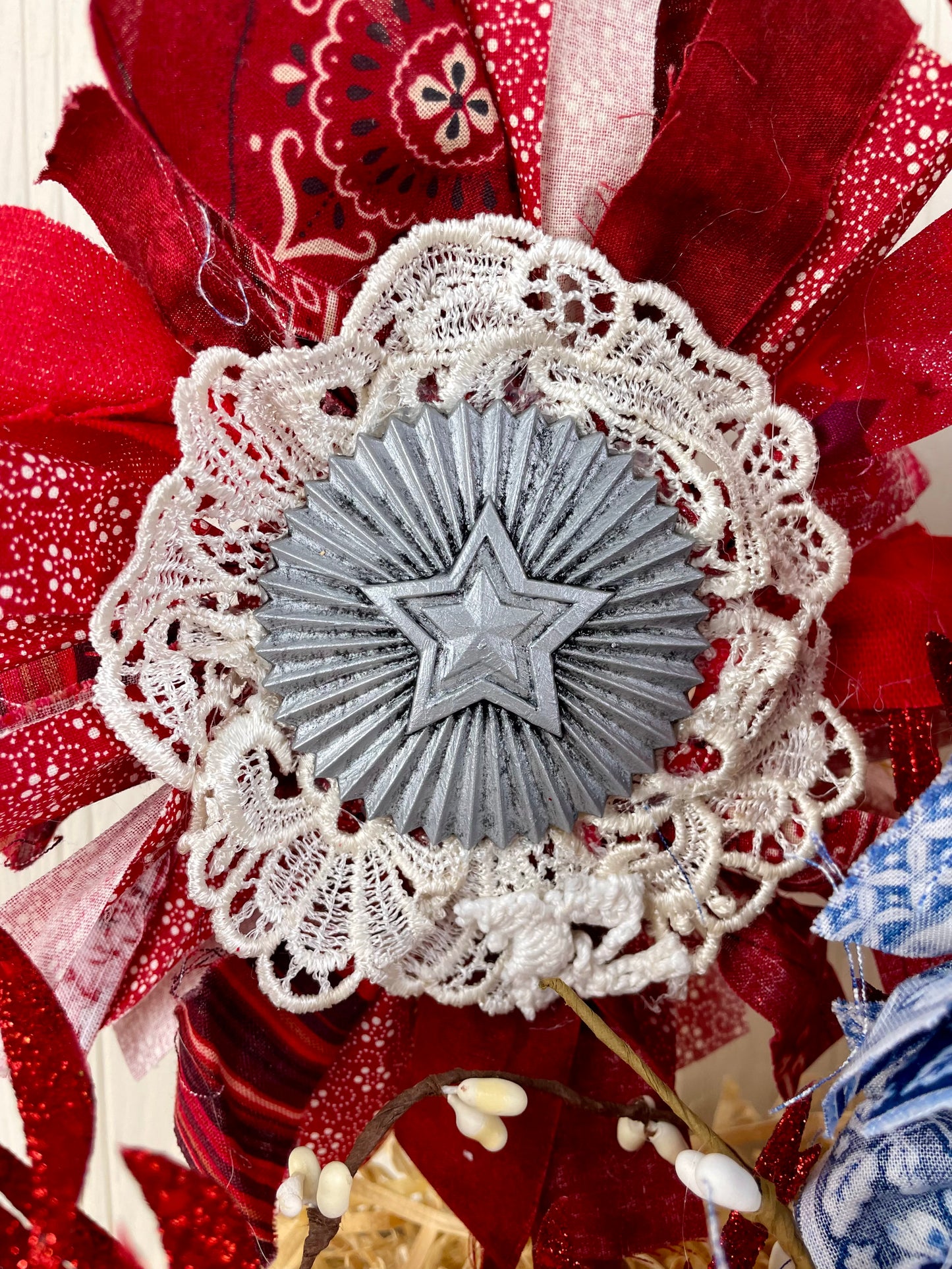 Handmade July 4th Centerpiece with Fabric Flowers