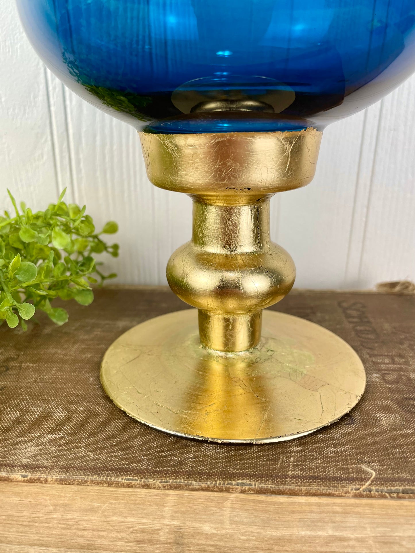 Blue Glass & Gold Base Candle Holder