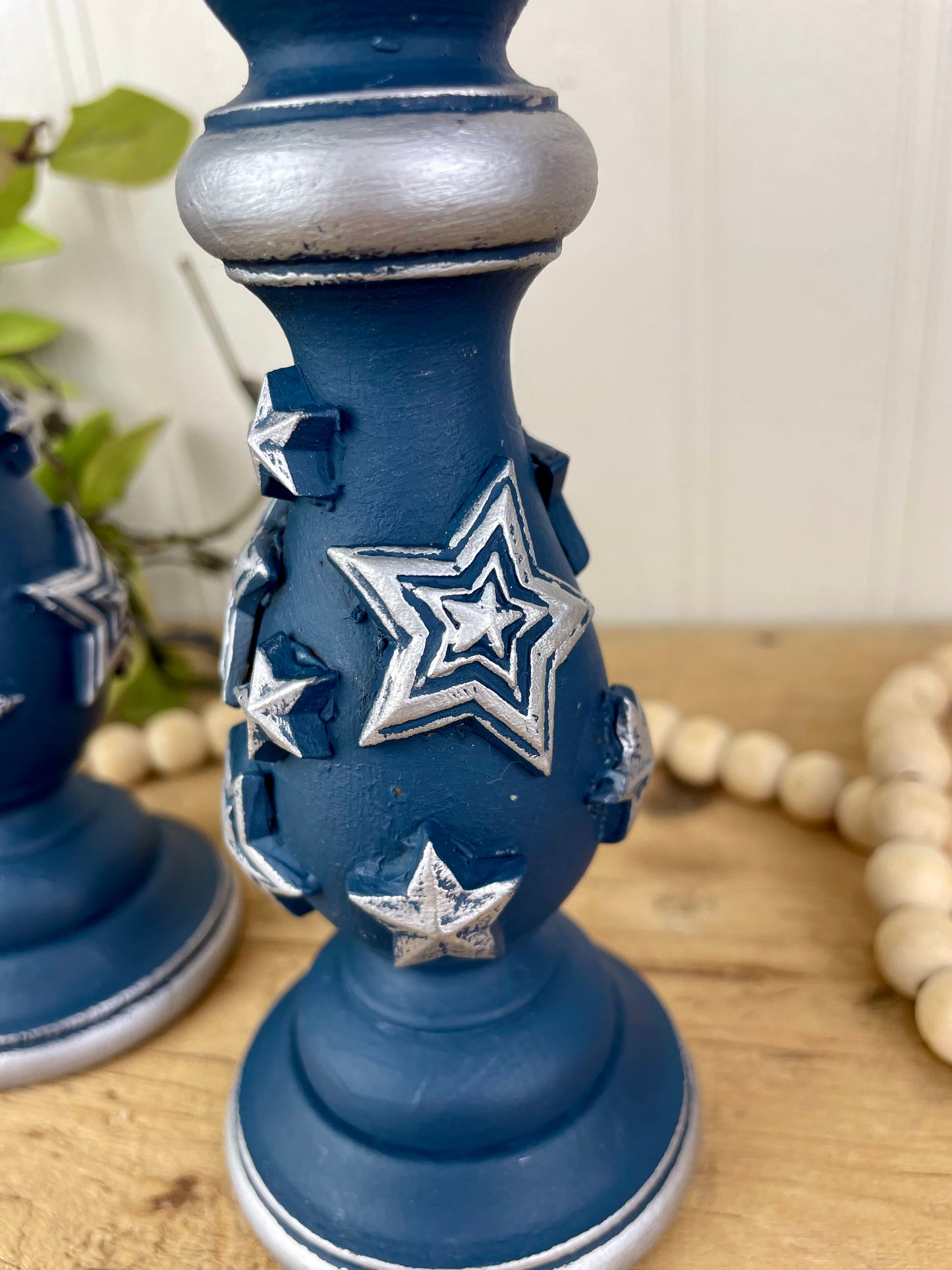 Upcycled Navy Blue Wooden Candlestick Set with Silver Stars