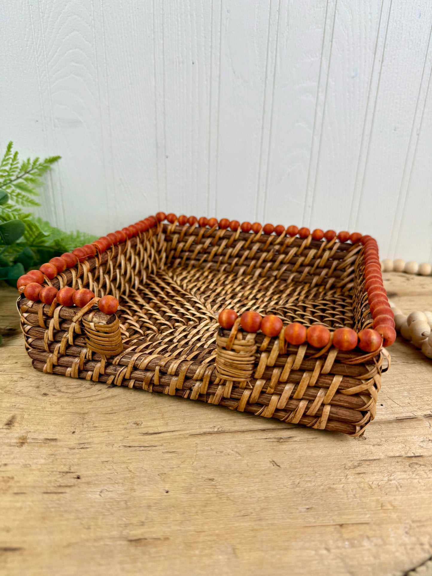 Vintage Wicker Napkin Basket with Beaded Trim