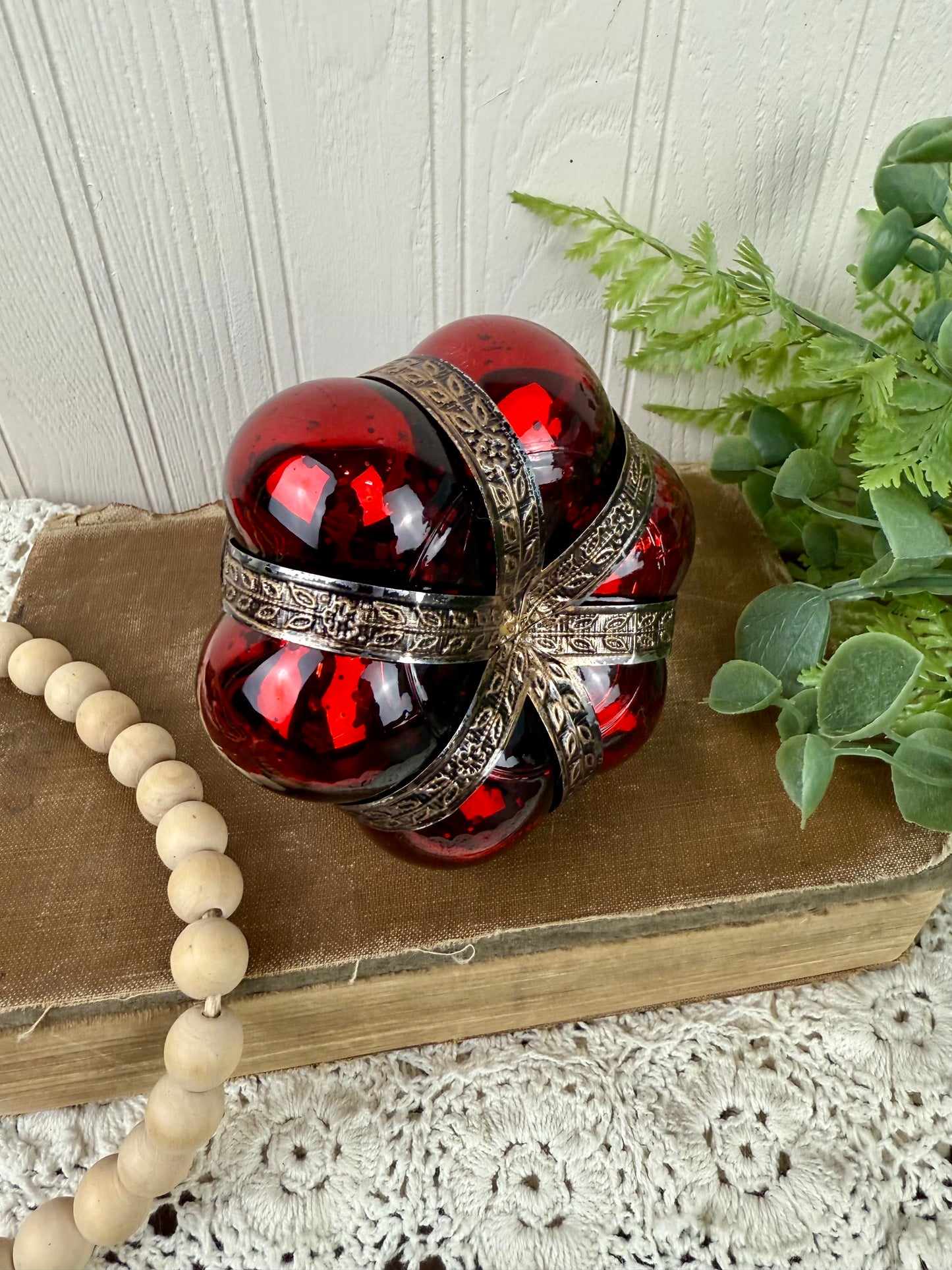 Vintage Red Mercury Glass Tea Light Holder with Metal Accents