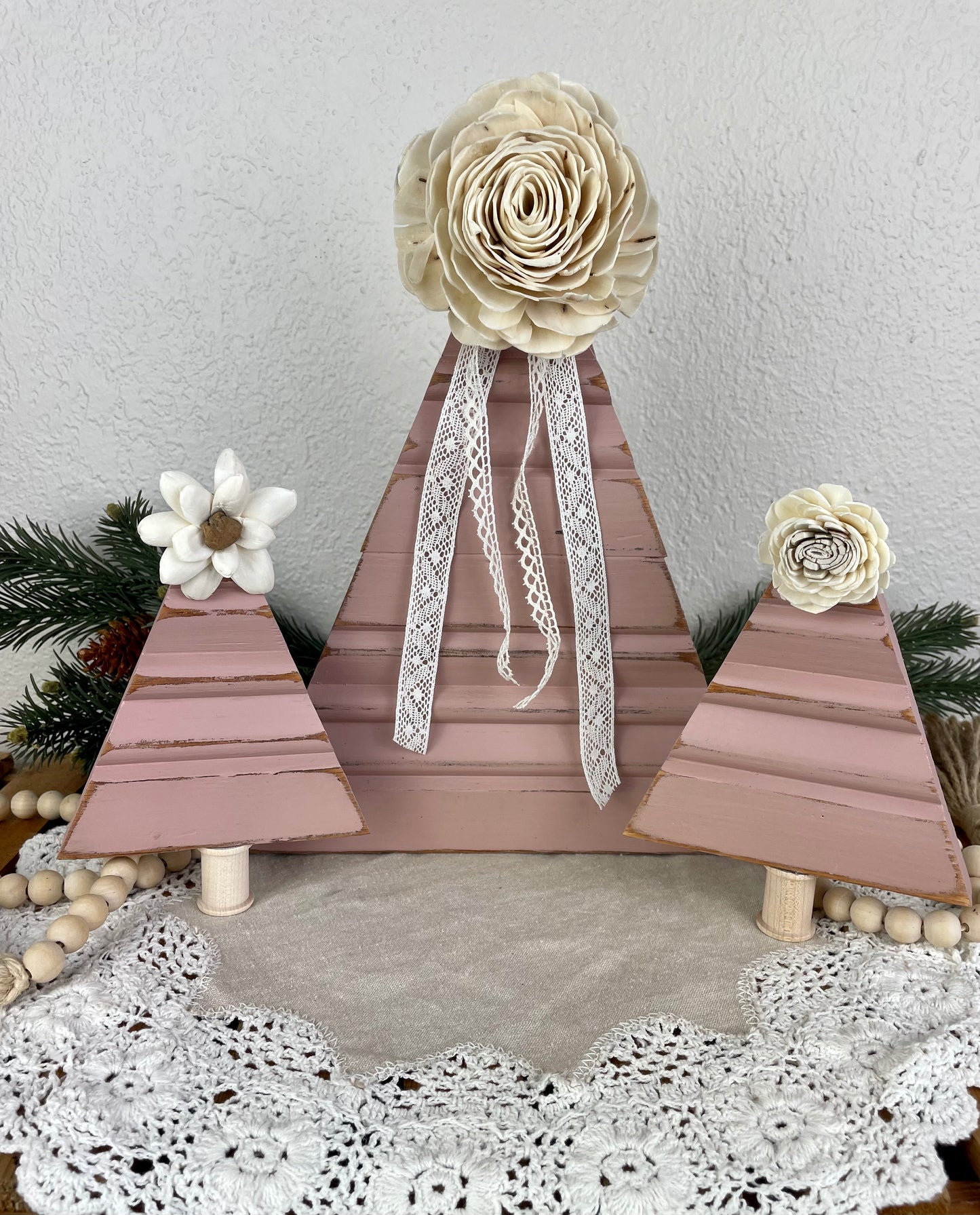 Upcycled Vintage Trim Pink Large Christmas Tree with Wood Flower