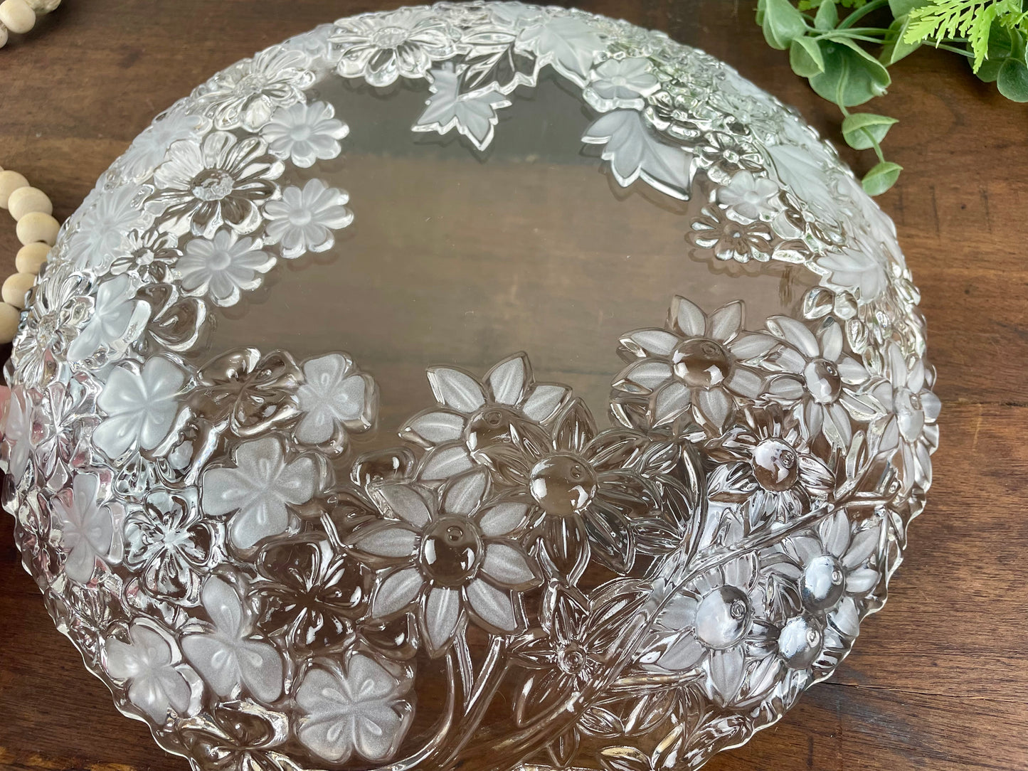Vintage Shallow Glass Bowl with Embossed Floral Design