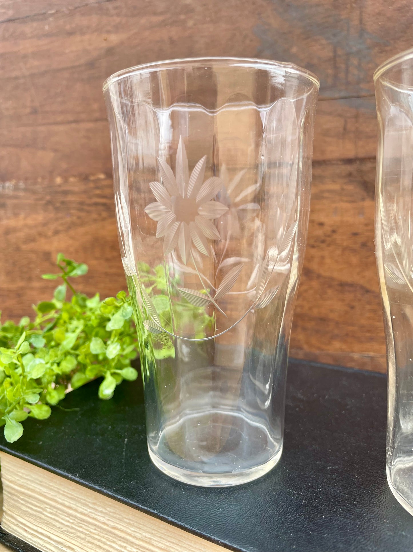 Vintage Drinking Glass Set with Etched Flowers