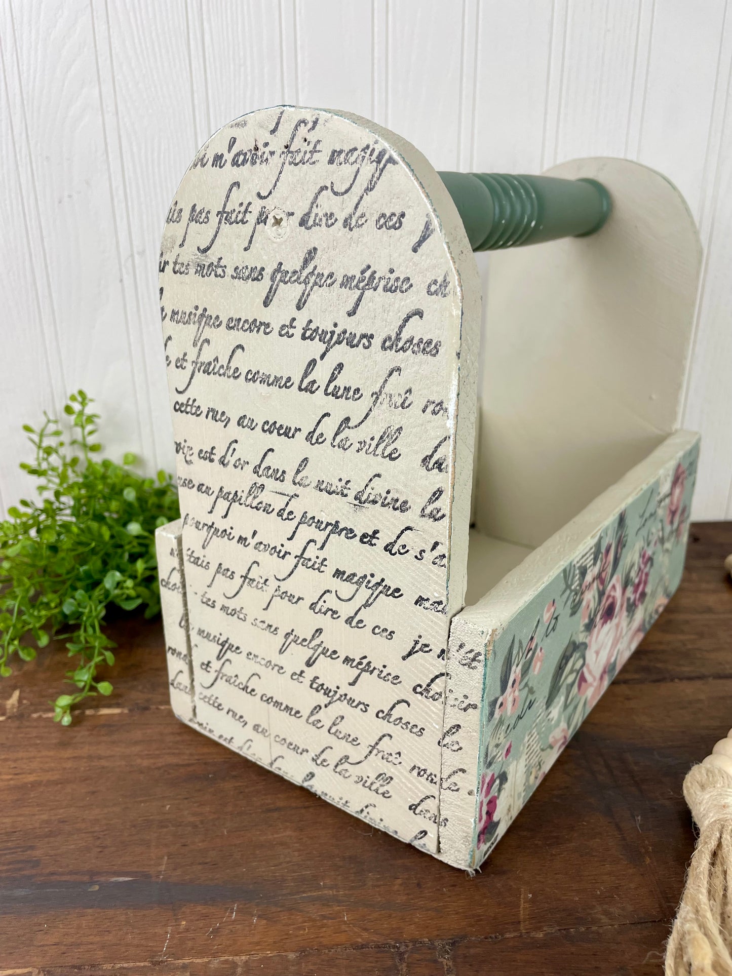 Handmade Upcycled Wooden Beige Tote with Green Handle