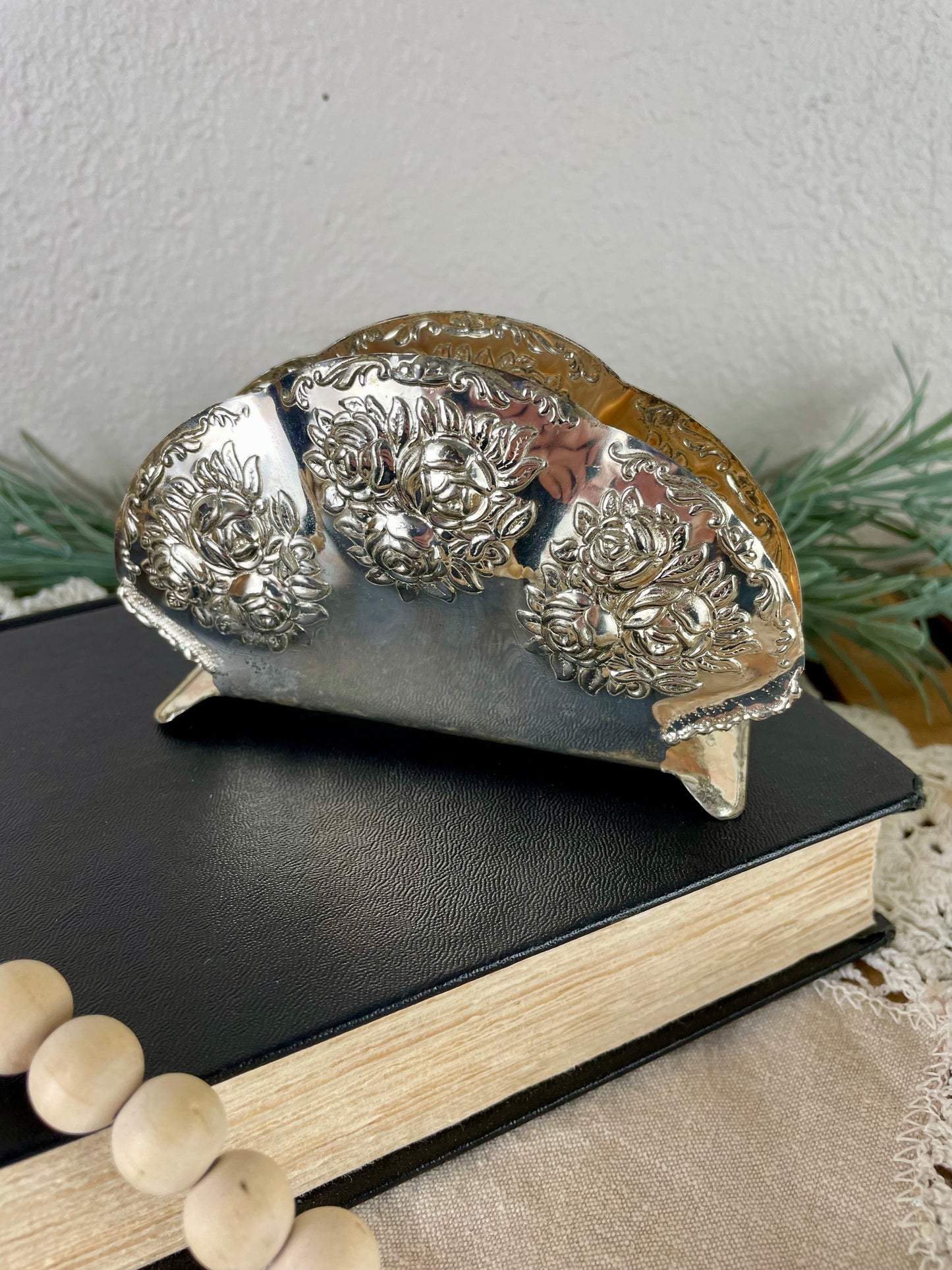 Vintage Silver-plated Napkin Holder with Roses