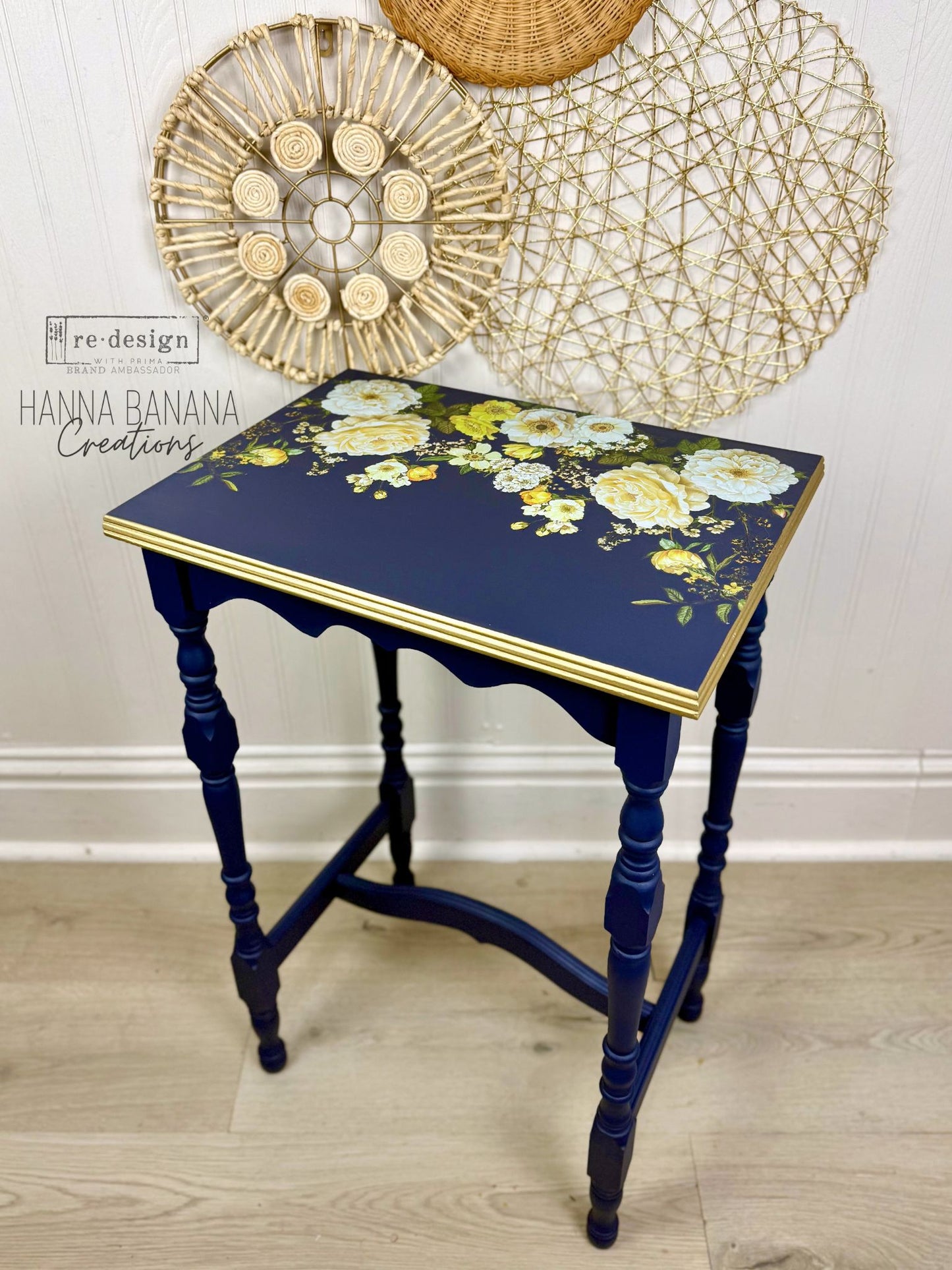 Hand Painted Blue Side Table with Yellow Florals- Shipping Included