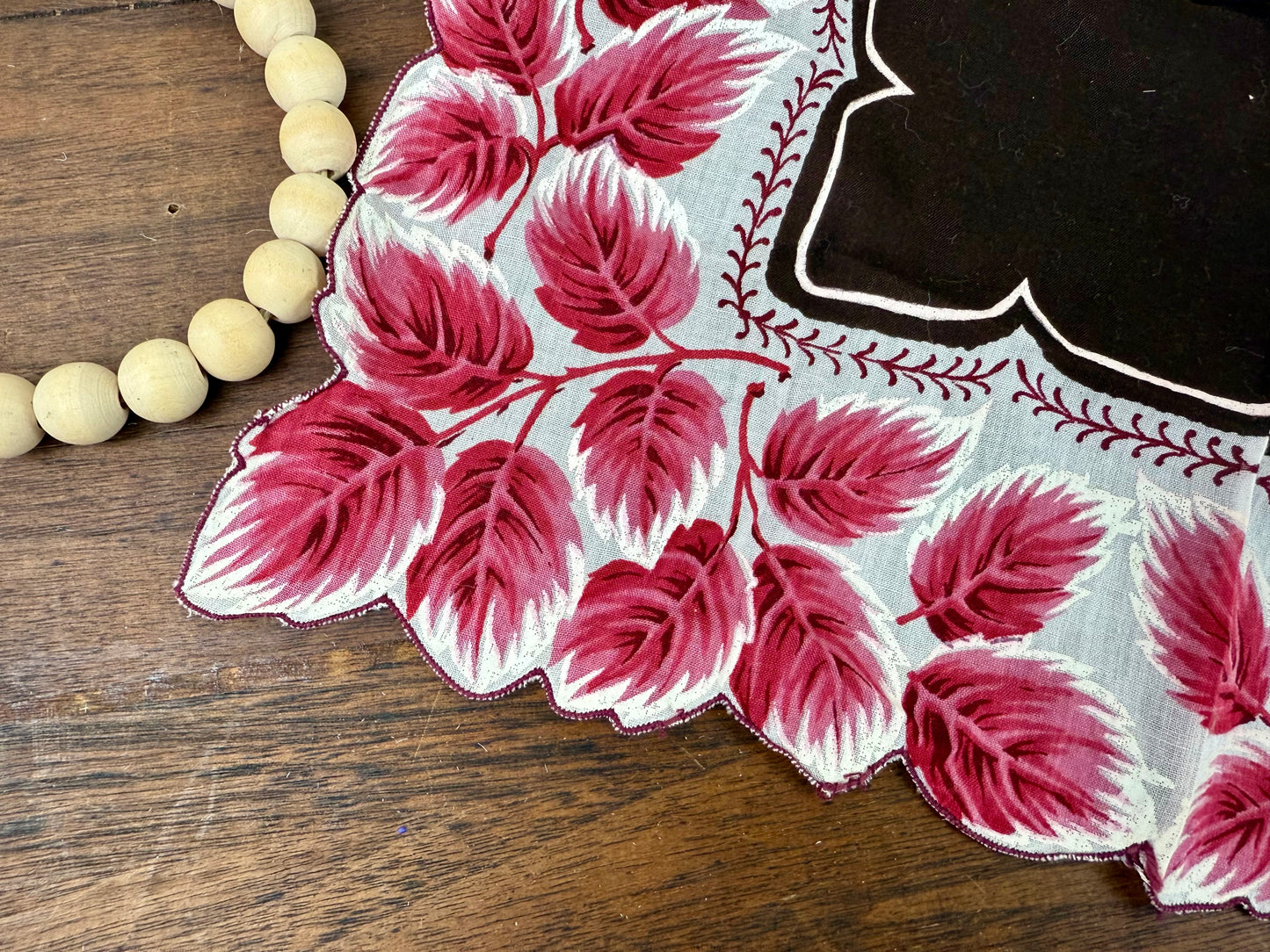 Vintage Burgundy Leaf Linen Hankie