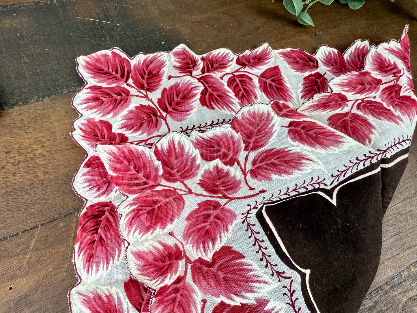 Vintage Burgundy Leaf Linen Hankie