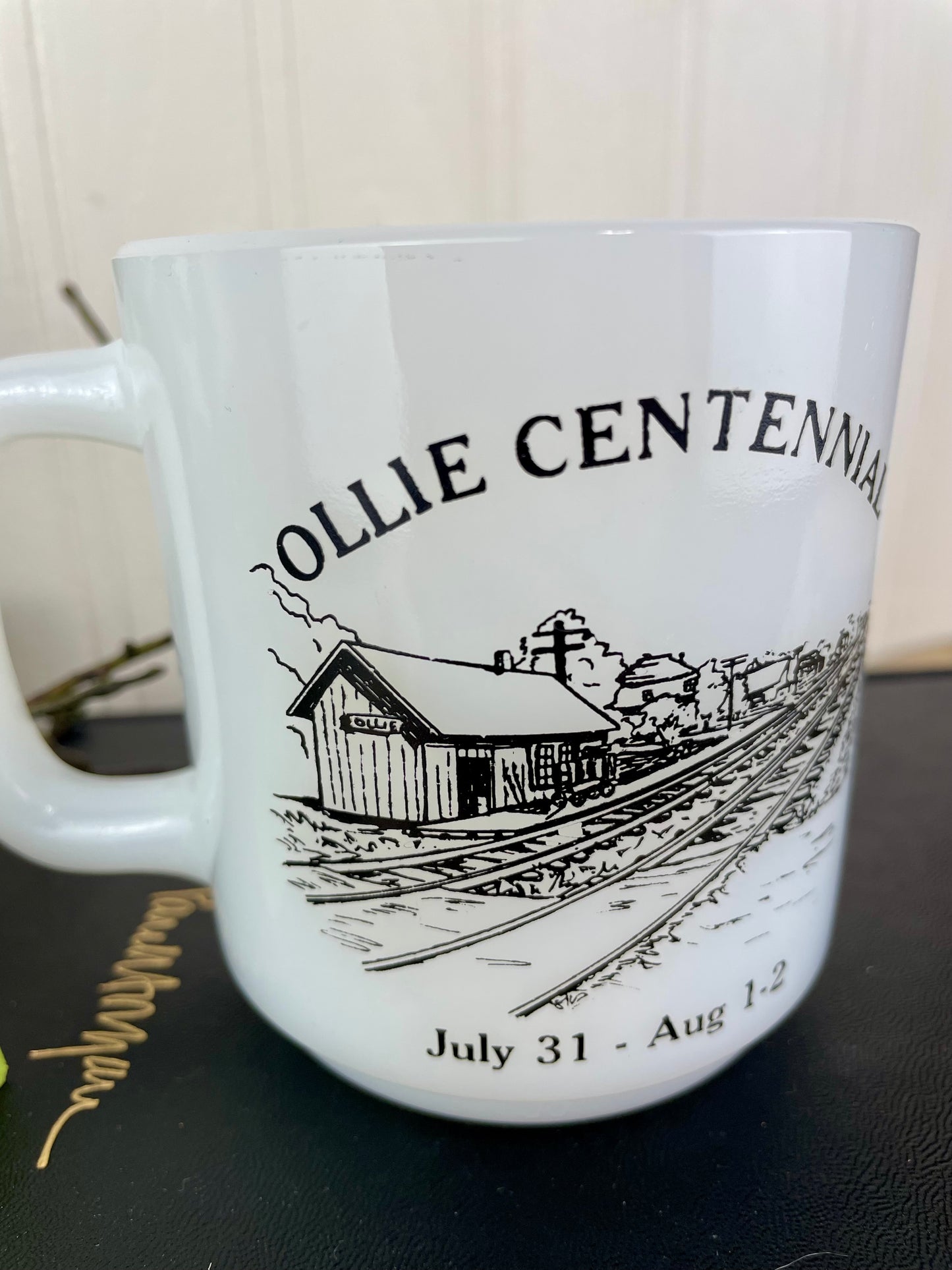 Vintage 1981 Ollie, IA Centennial Glasbake Milk Glass Mug