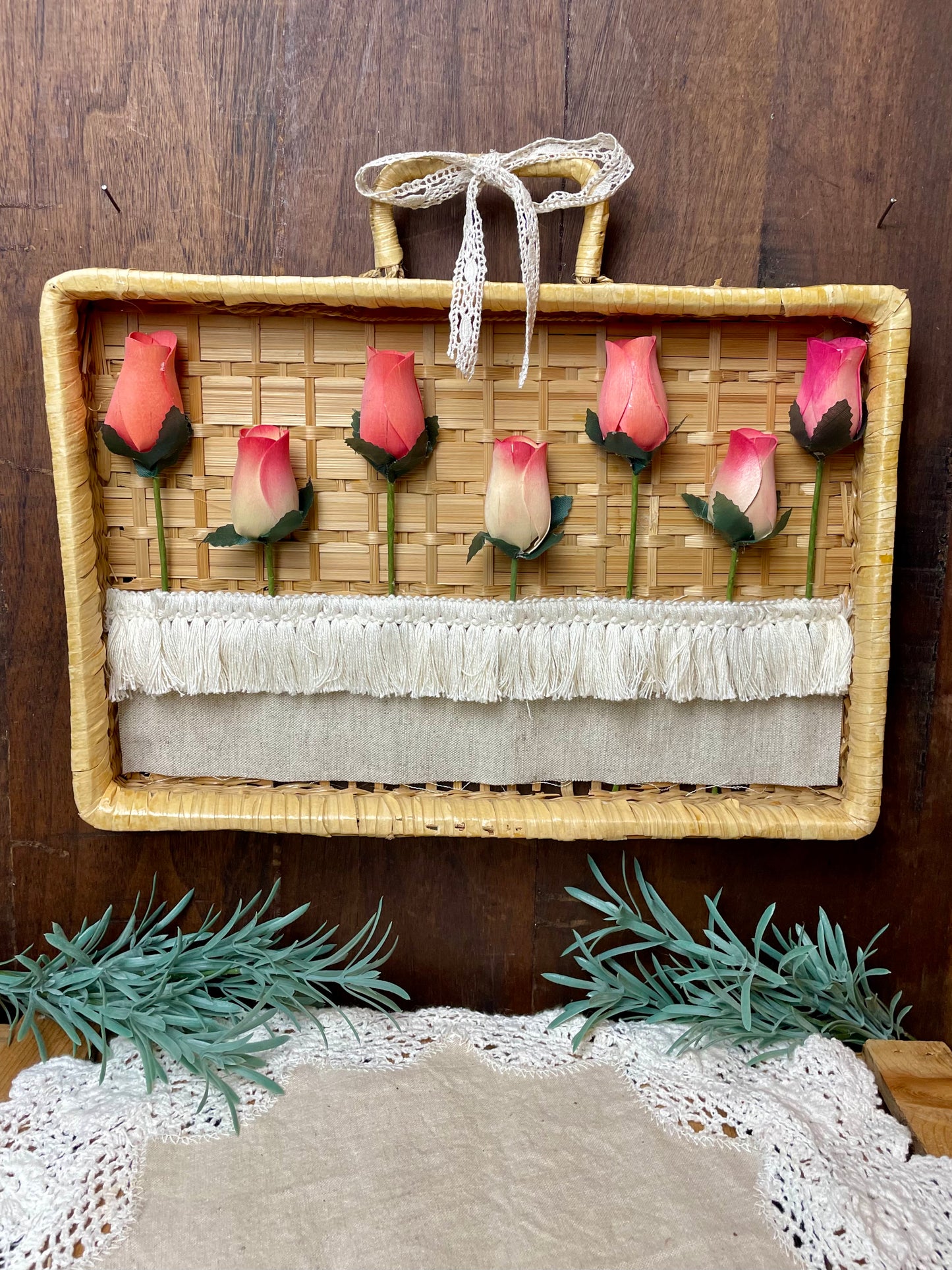 Handmade Pink Rose Wicker Wall Decor
