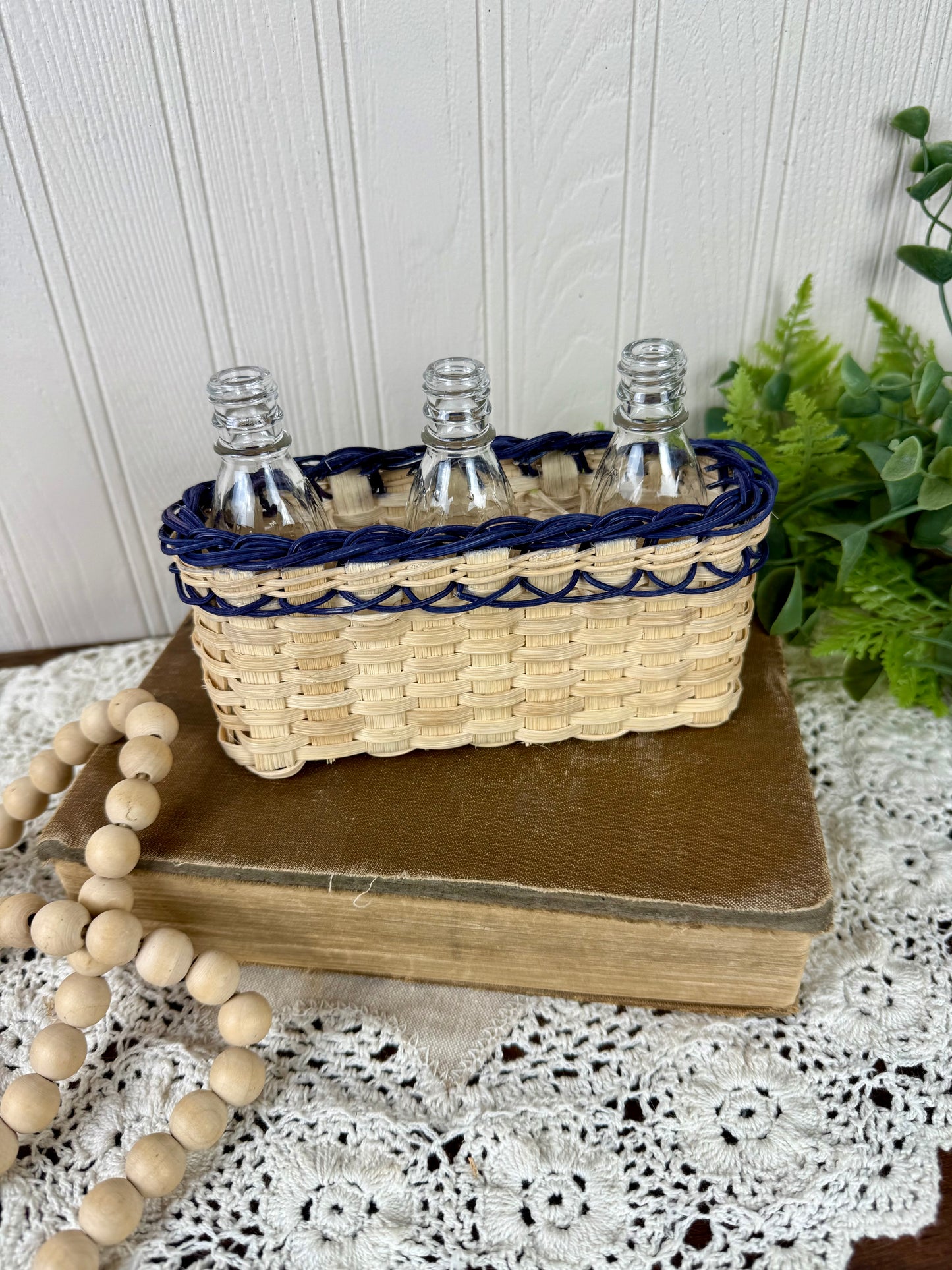Vintage Miniature Basket With Glass Bottles