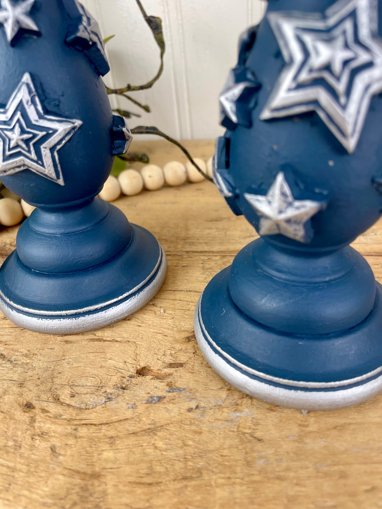 Upcycled Navy Blue Wooden Candlestick Set with Silver Stars